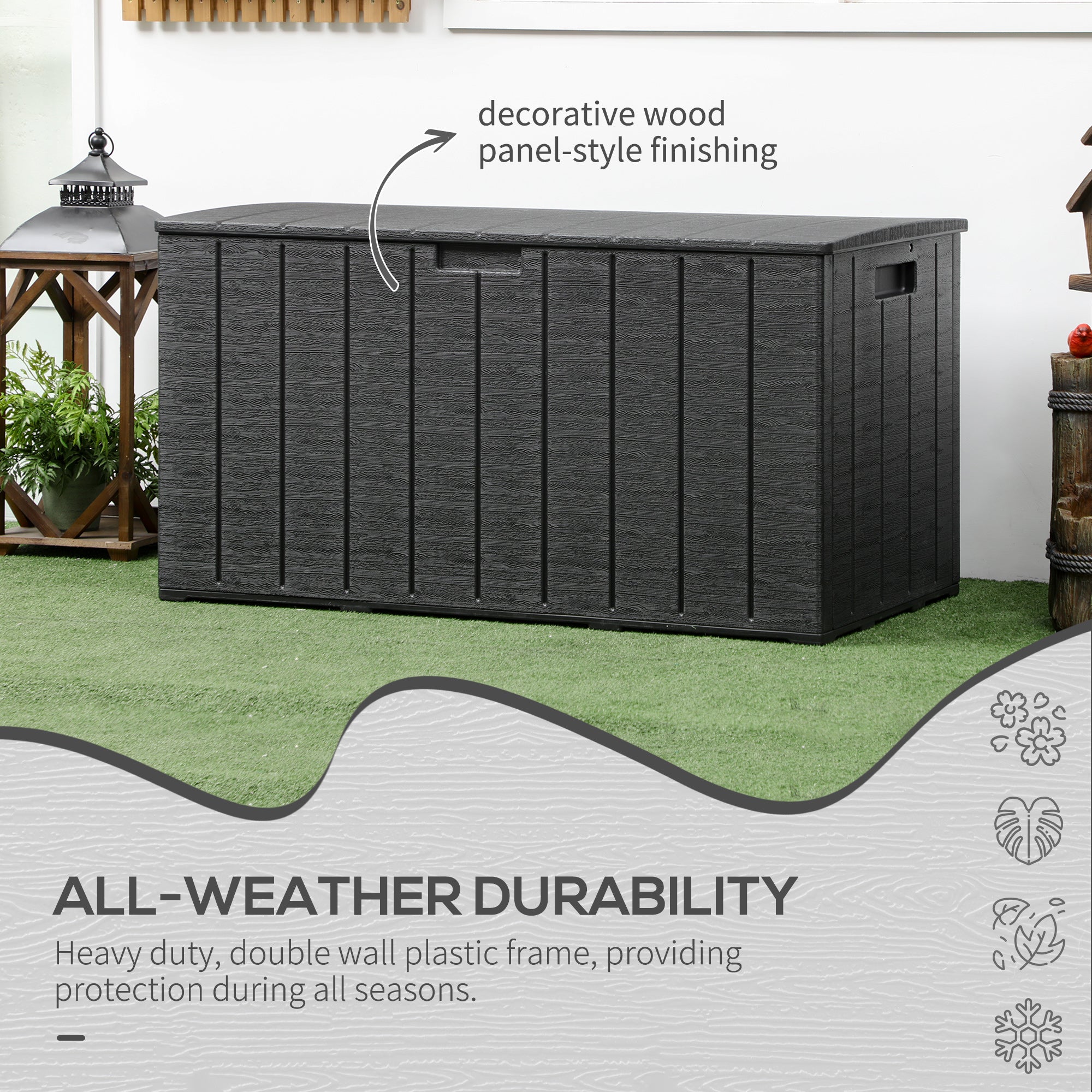 Outsunny 336 Litre Extra Large Outdoor Garden Storage Box, Water-resistant Heavy Duty Double Wall Plastic Container, Garden Furniture Organizer, Deck Cushion Chest with Wheels and Handles, Black - North Peak Garden Furniture