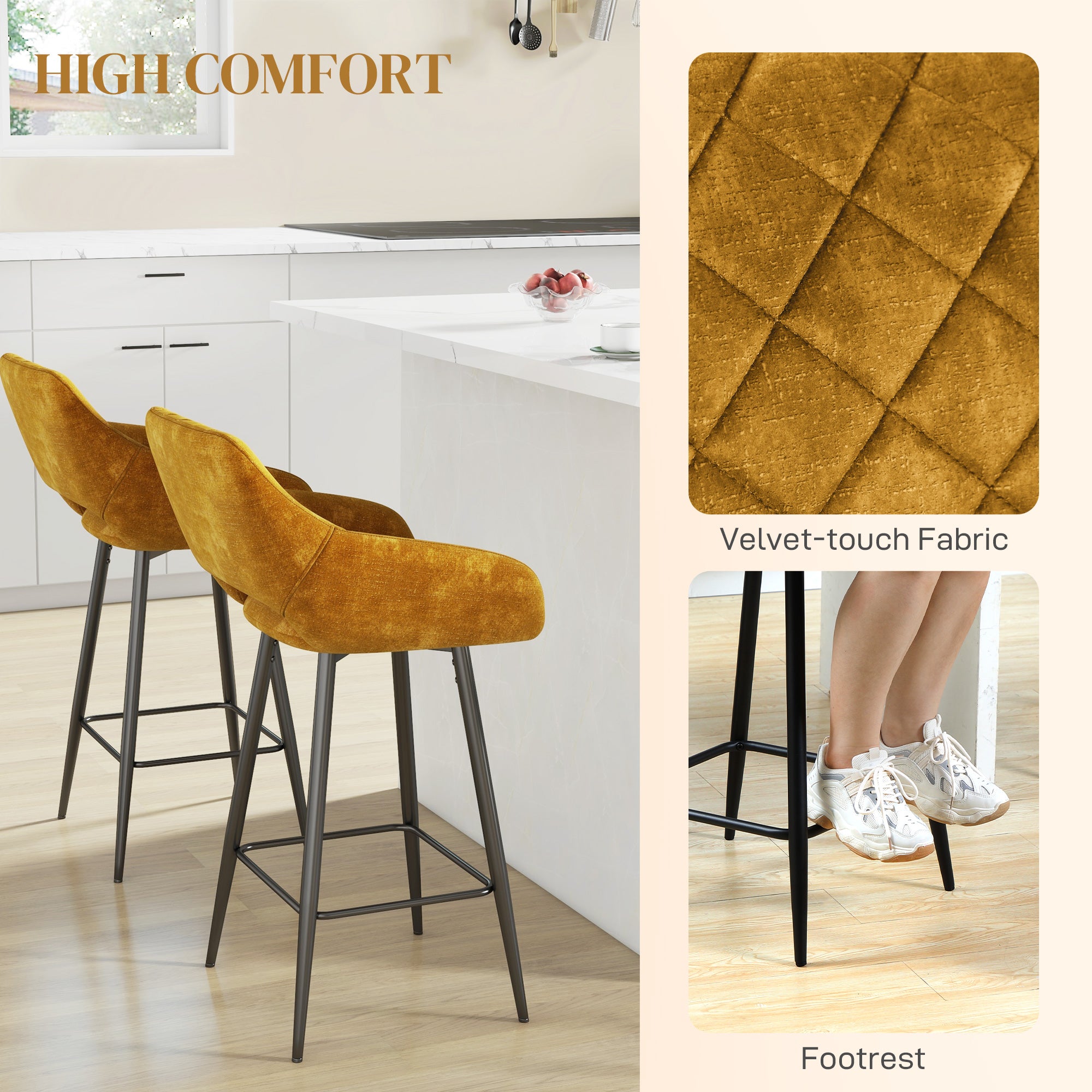 HOMCOM Set of Two Velvet-Feel Bar Stools - Brown - North Peak Garden Furniture