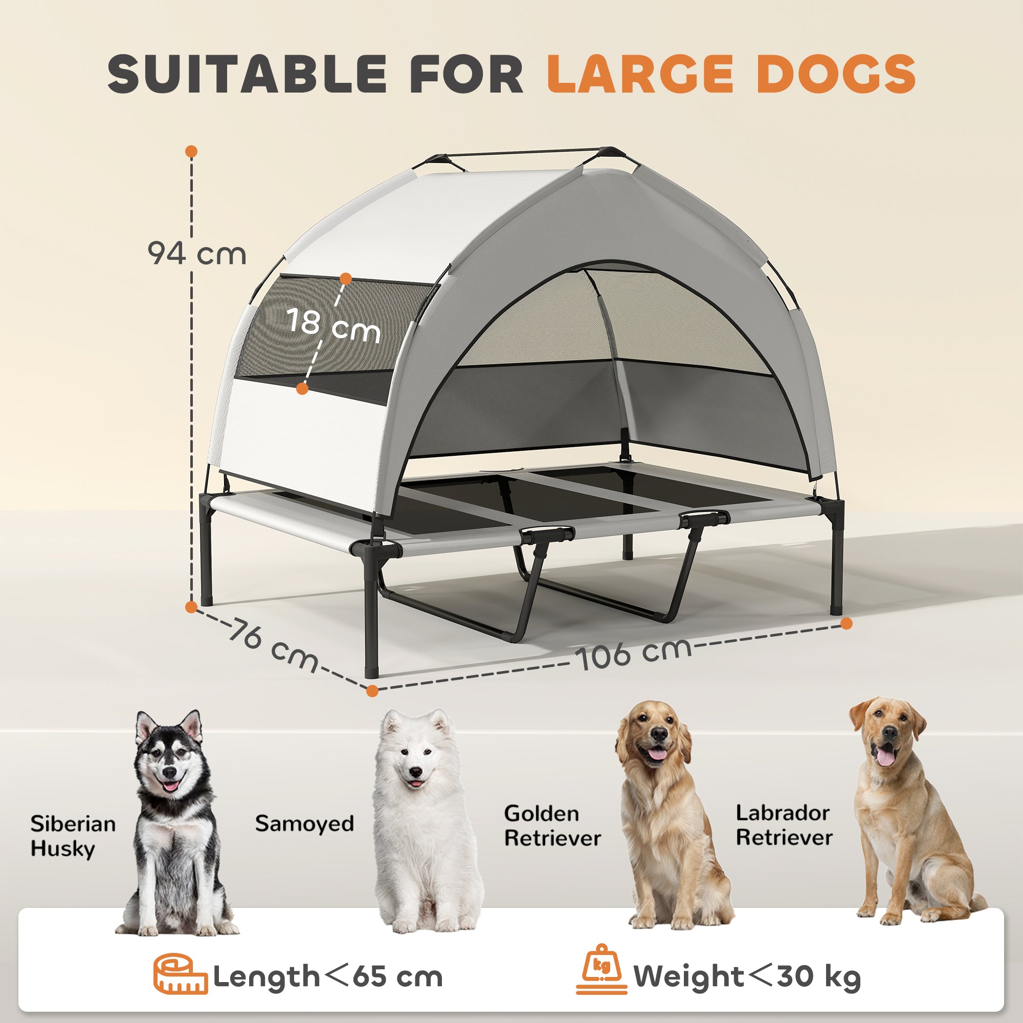 PawHut Portable Elevated Dog Bed with Removable Canopy, Cooling Raised Pet Cot for Large Dogs, 106 x 76 x 94 cm - North Peak Garden Furniture