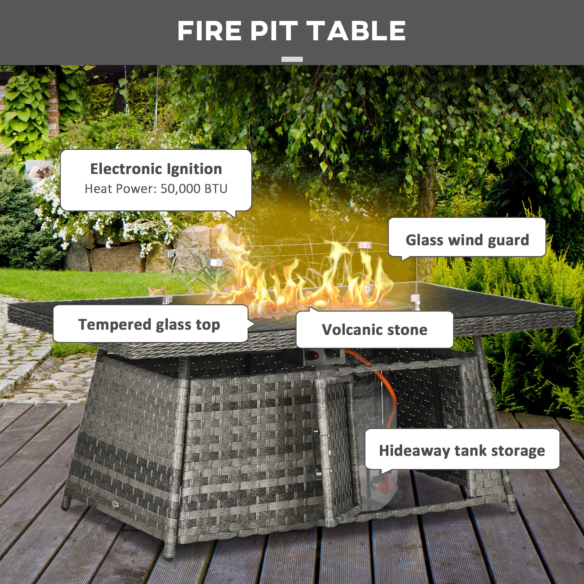 Outsunny 7 Pieces PE Rattan Garden Furniture Set, 50,000 BTU Gas Fire Pit Table, Double Corner Sofa and 3 Footstools, 6 Seater Furniture Sofa Sets with Cushions for Conservatory, Grey