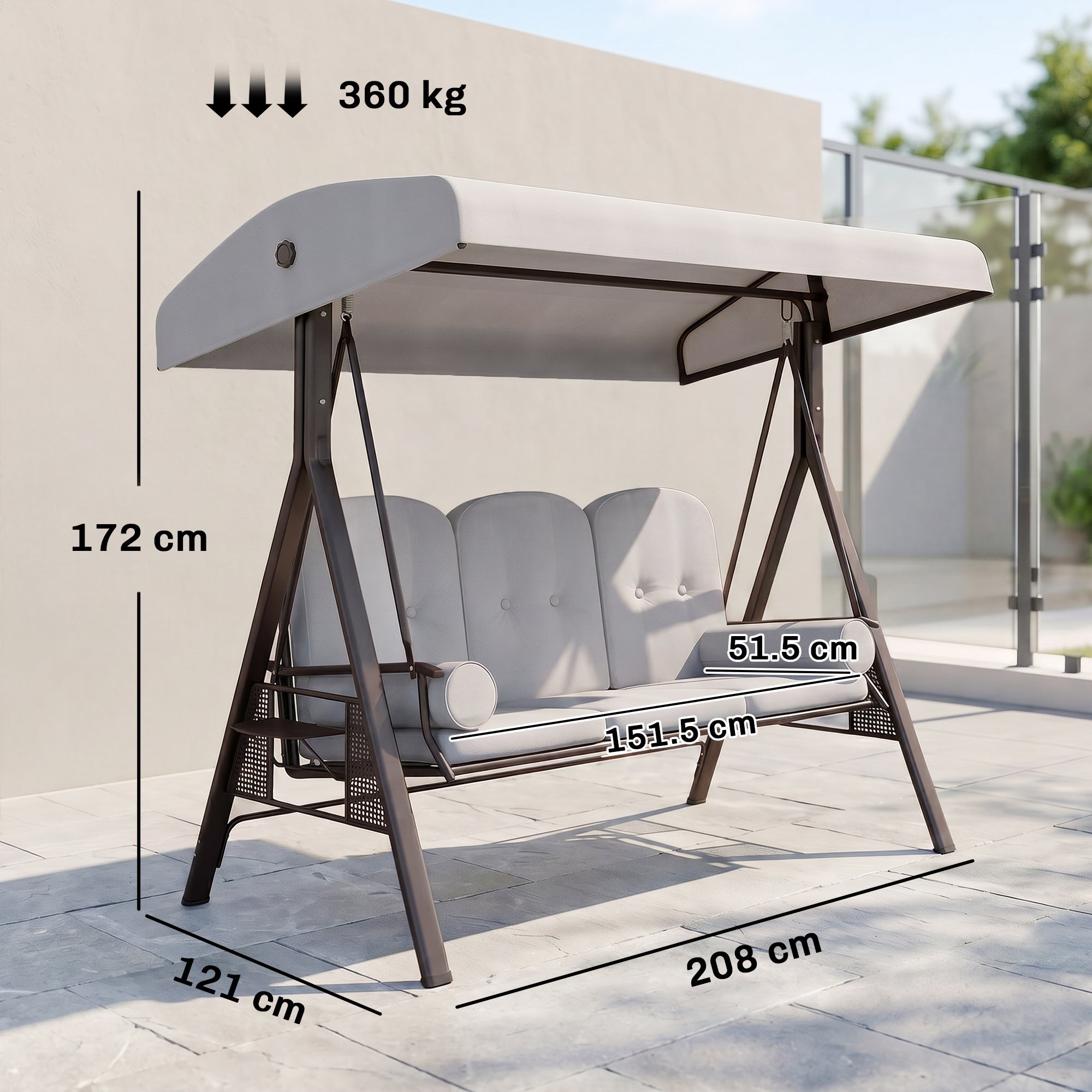 Outsunny 3 Seater Canopy Swing Chair, Outdoor Garden Swing Seat with Adjustable Canopy, Cushions and Cup Trays, Steel Frame, Light Grey