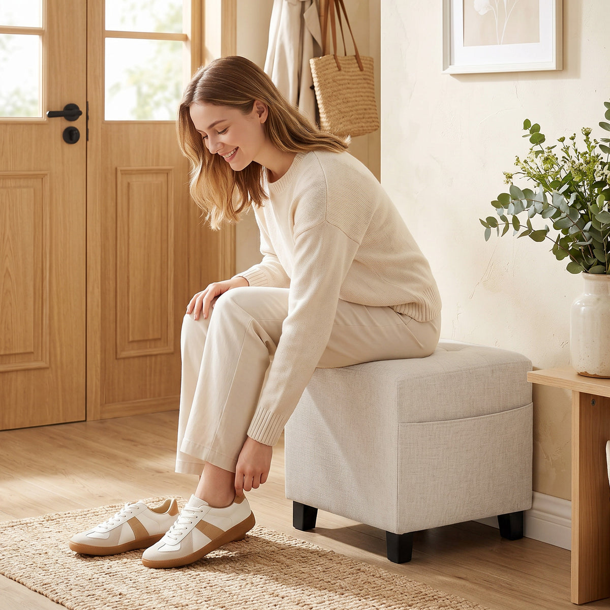 HOMCOM Small Ottoman, Square Footstool with Side Pocket, Rubber Wood Legs and Padded Seat for Living Room, Beige