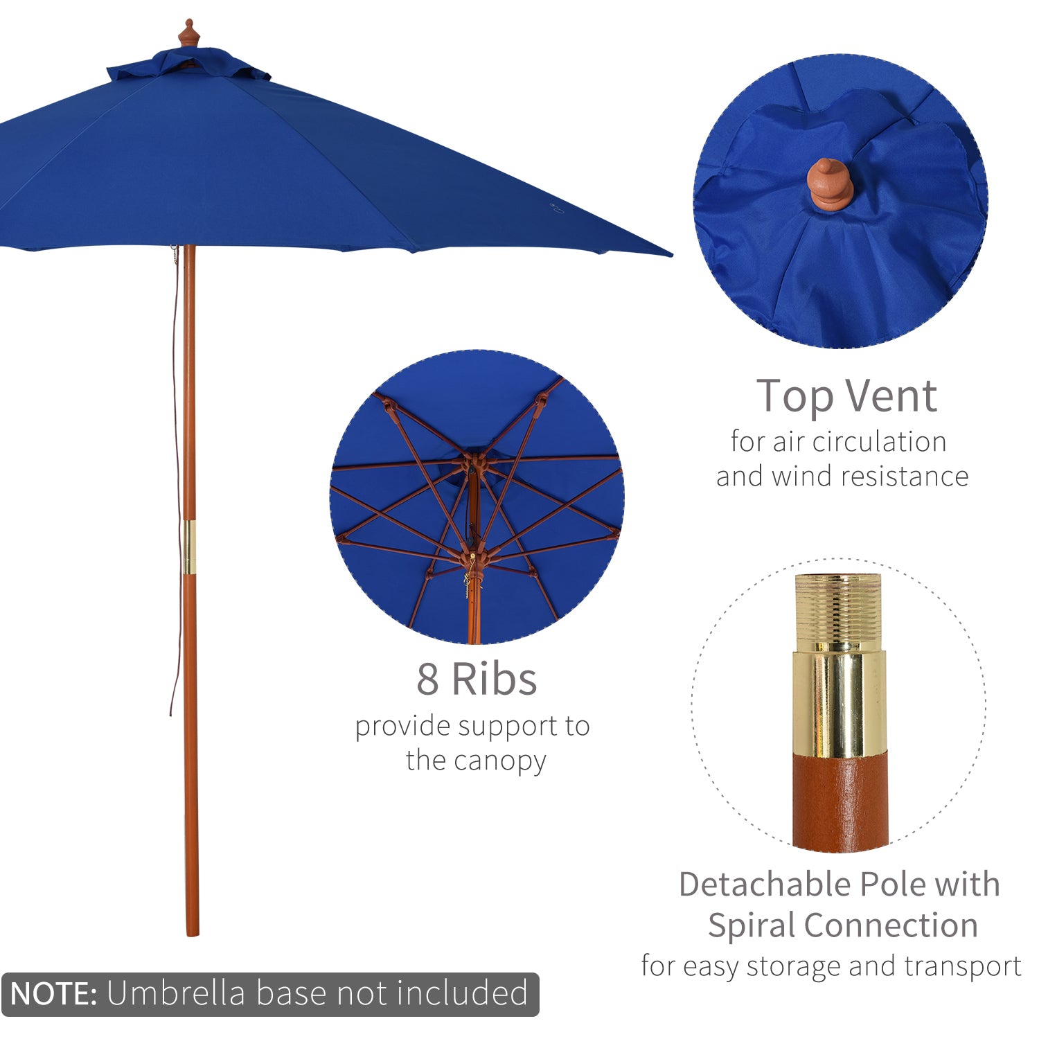 Outsunny 2.5m Garden Parasol Umbrella, Outdoor Market Table Umbrella with Wooden Pole & 8 Fibre Glass Ribs, Round Sun Shade Canopy, Blue