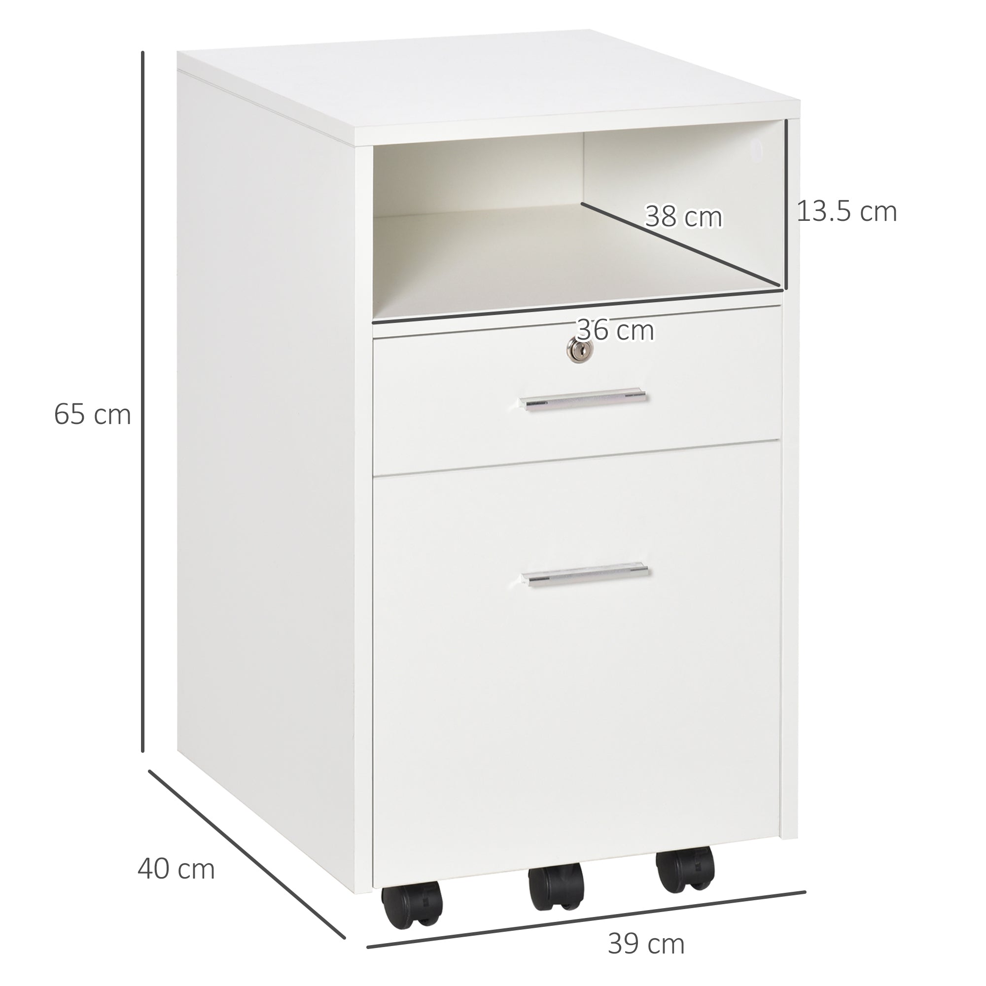 Vinsetto Lockable Two-Drawer Filing Cabinet, with Wheels - White - North Peak Garden Furniture