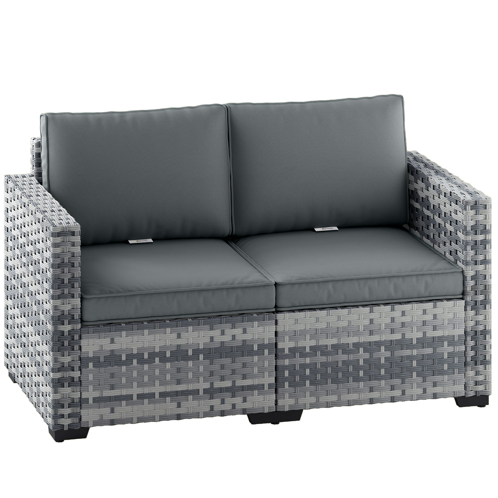 Outsunny 2 Seater Rattan Sofa, Outdoor Garden Sofa with Deep Seat, Cushions, Wide Armrests for Patio, Balcony, Porch, Mixed Grey