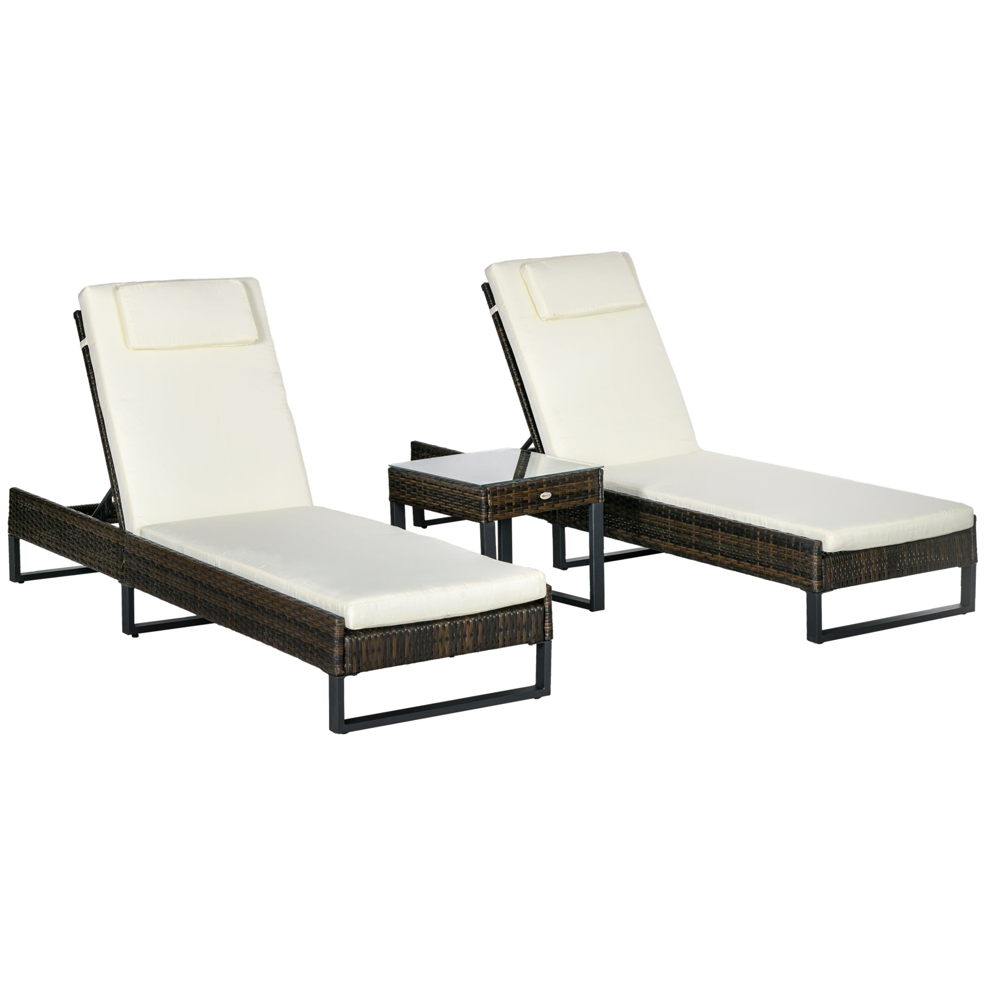 Outsunny Three-Piece Reclining Lounger Set, with Glass-Top Table - Cream - North Peak Garden Furniture