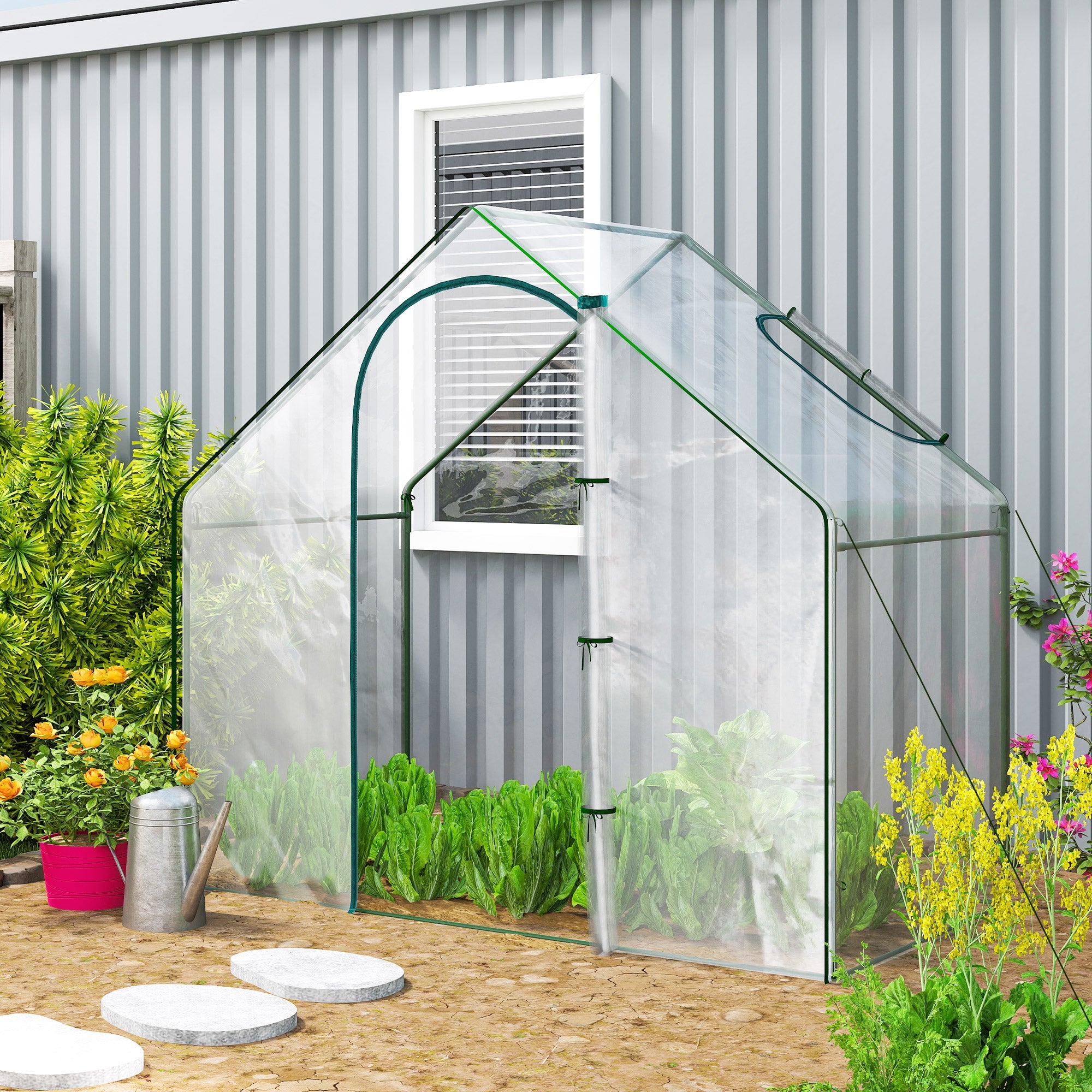 Outsunny Walk In PVC Greenhouse Garden Outdoor Flower Planter Steel Frame w/ Zipped Door & Window 180 x 100 x 168CM White