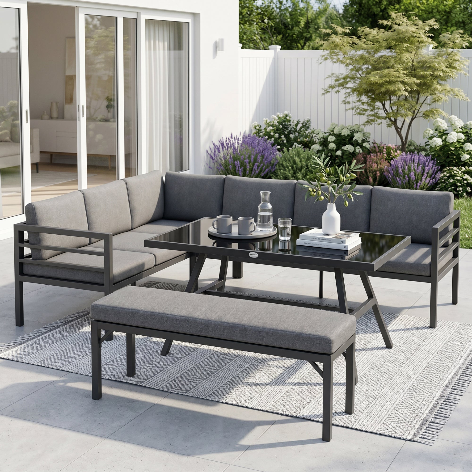 Outsunny 4 Piece L-shaped Garden Furniture Set 8-Seater Aluminium Outdoor Dining Set Conversation Sofa Set w/ Bench, Dining Table & Cushions, Grey