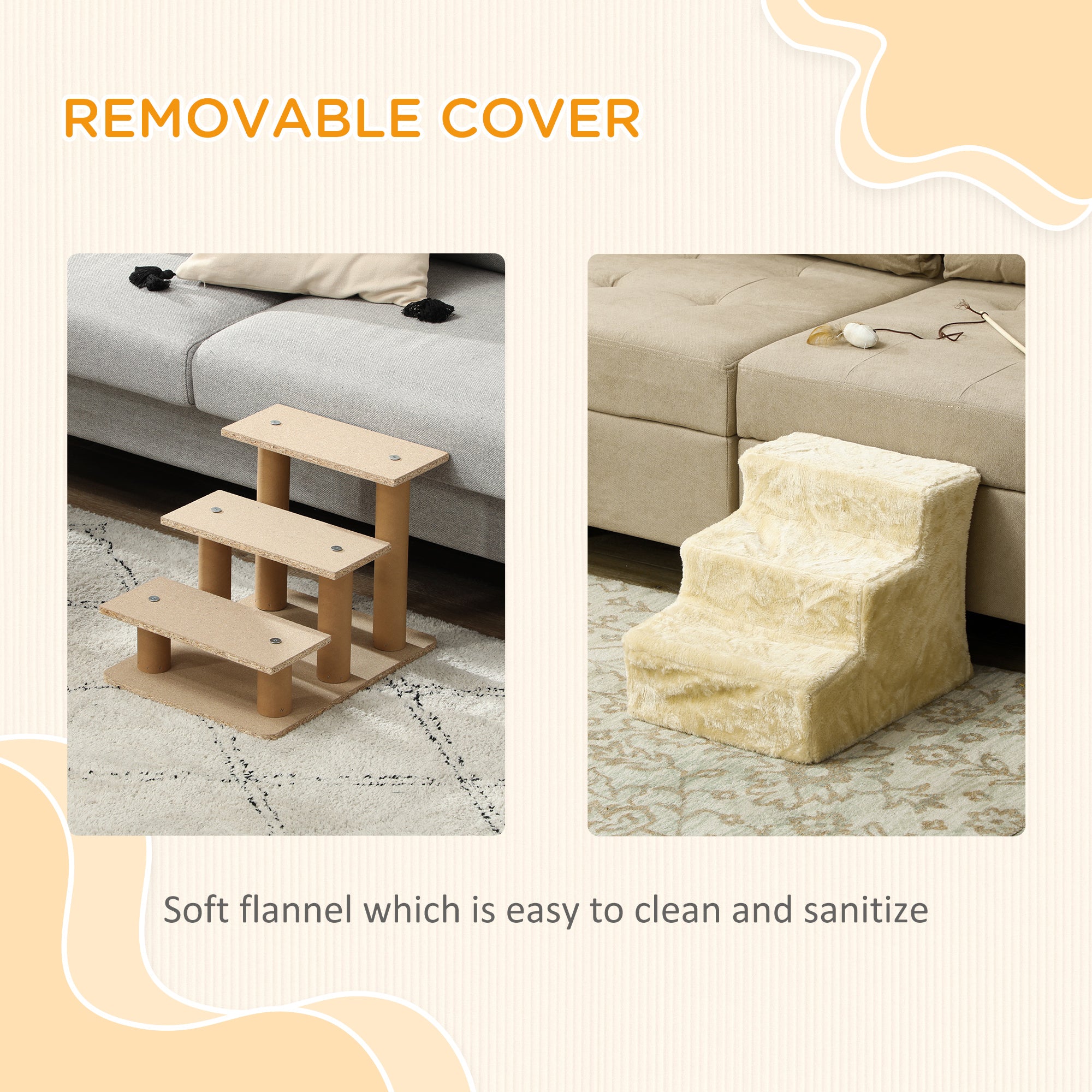 PawHut Three-Step Dog Stairs, with Washable Plush Cover, for High Bed Sofa, Dog Stairs for Small Dog and Cat - Beige - North Peak Garden Furniture