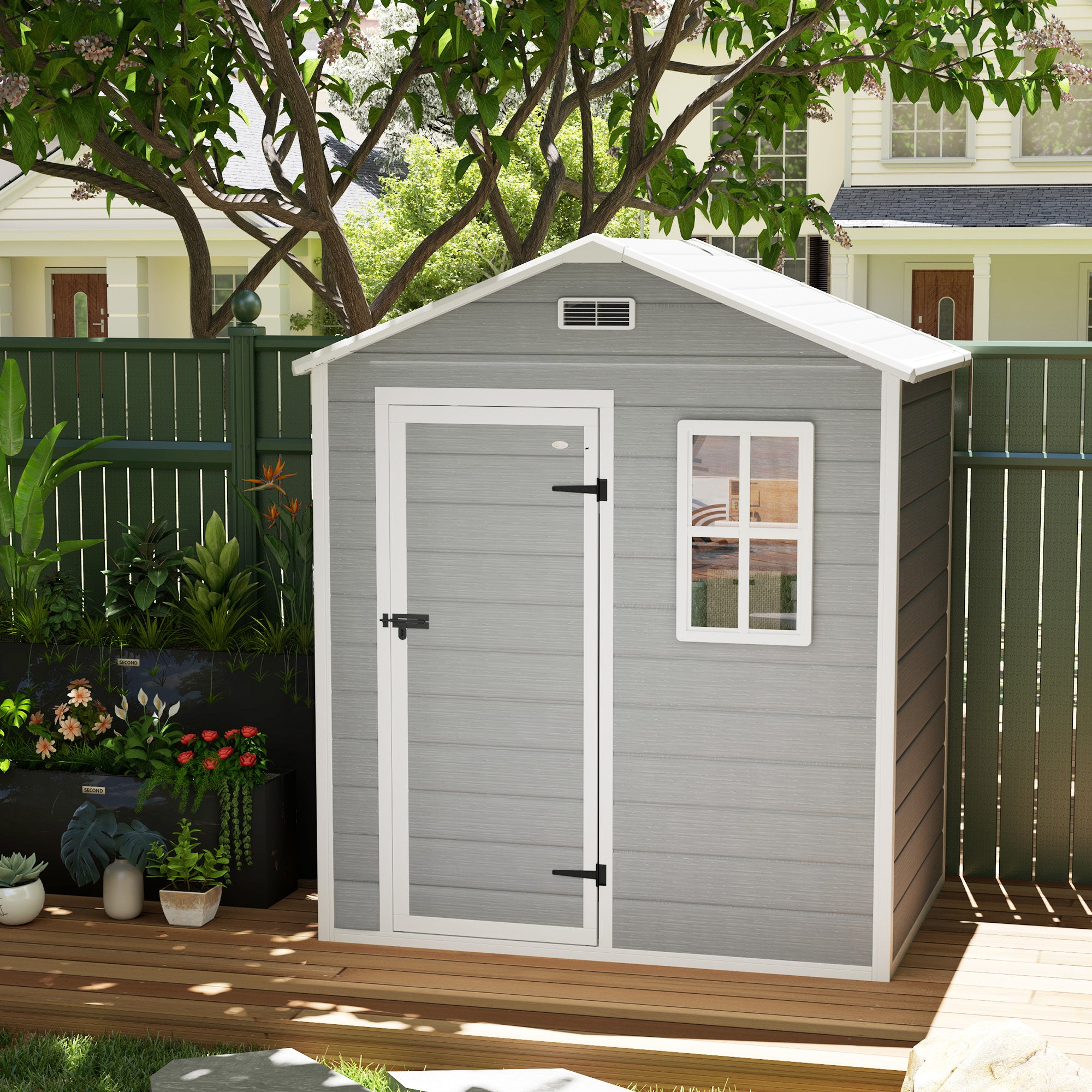 Outsunny 6 x 4ft Garden Shed, Plastic Shed with Floor, Window, Lockable Door and Vents, Wood Effect Resin Tool Shed for Outdoor, Grey - North Peak Garden Furniture