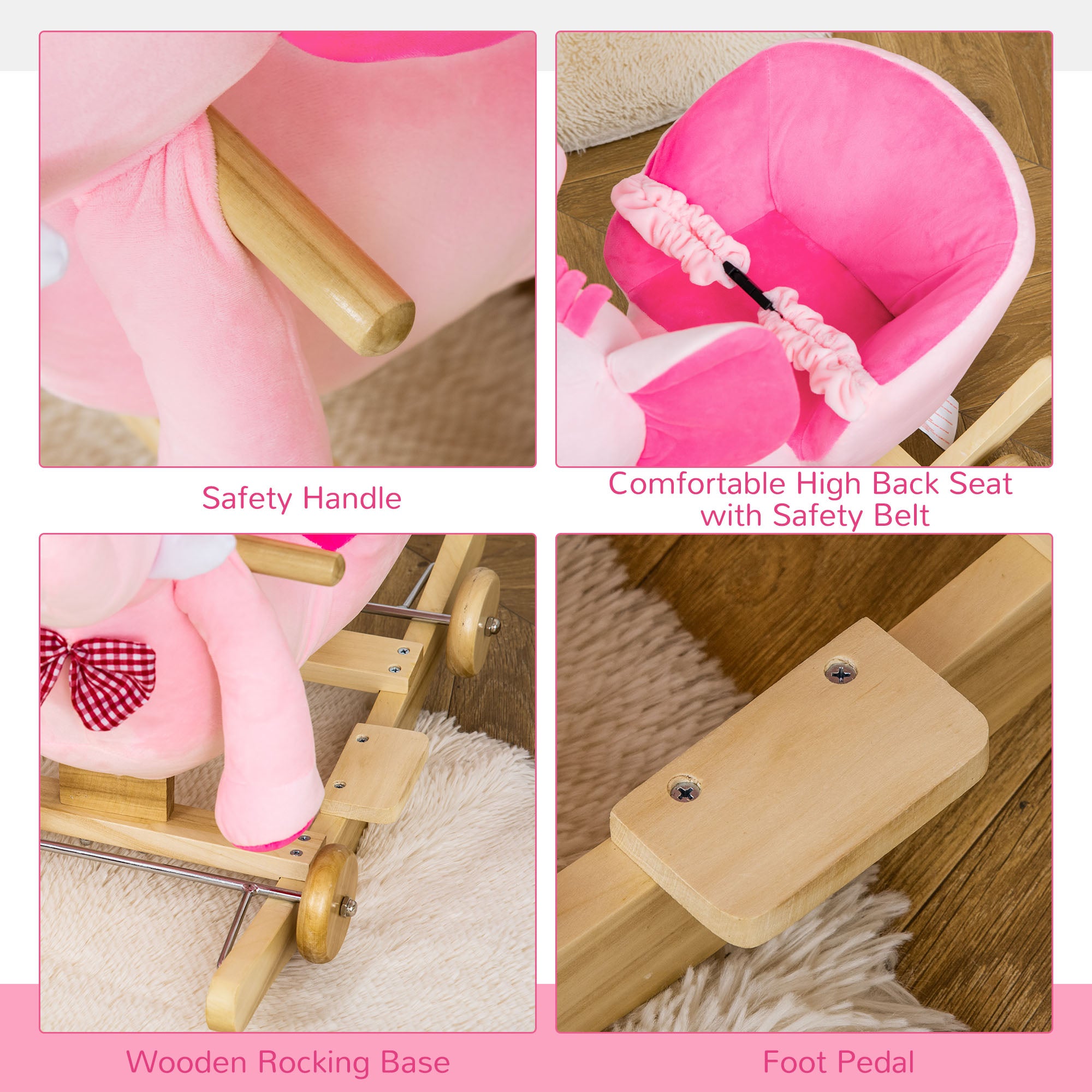 HOMCOM 2 In 1 Plush Baby Ride on Rocking Horse Elephant Rocker with Wheels Wooden Toy for Kids 32 Songs for 18+ Months (Pink) - North Peak Garden Furniture