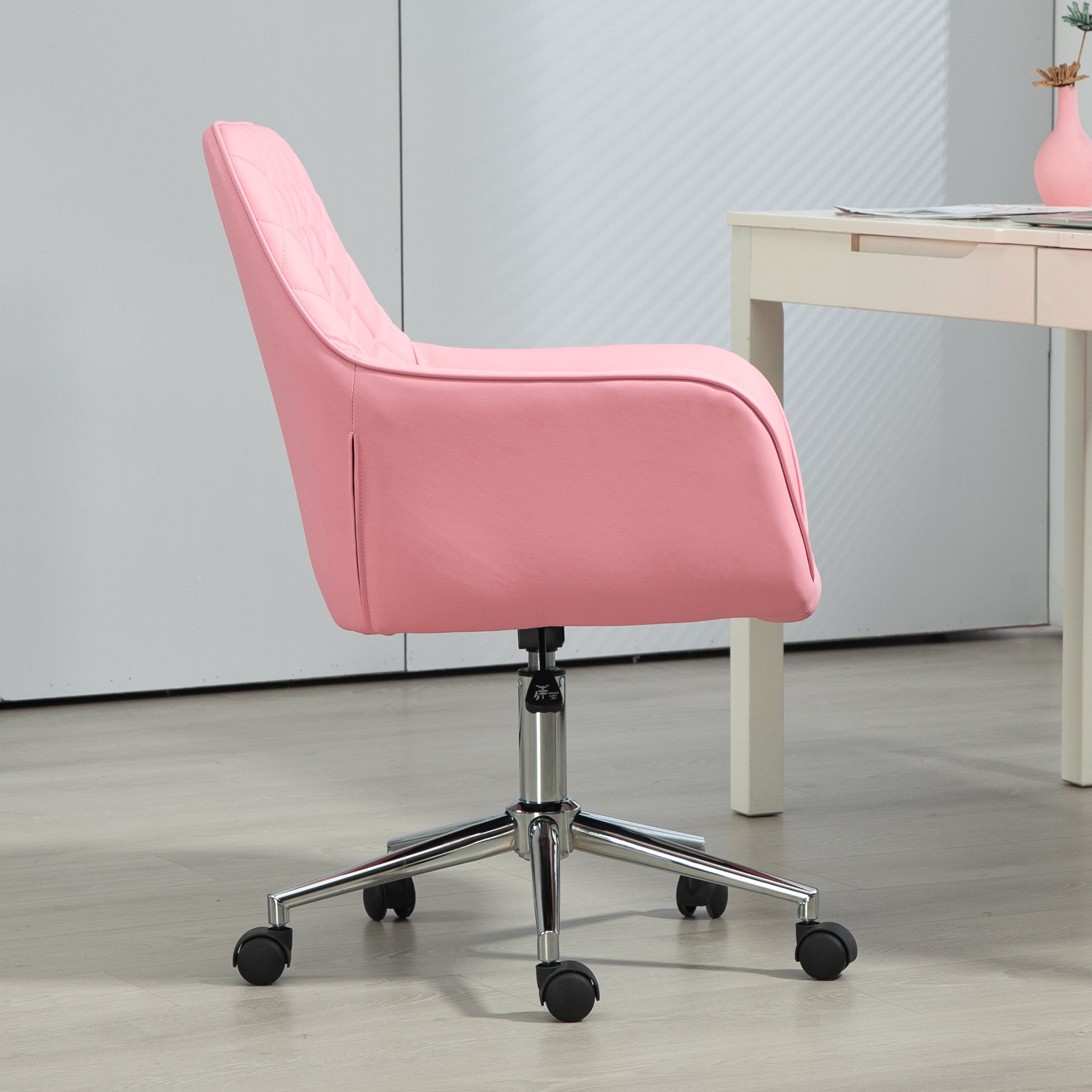 Vinsetto Office Desk Chair, Leather-Feel Fabric Computer Swivel Chair with Rolling Wheels and Adjustable Height for Home, Pink - North Peak Garden Furniture