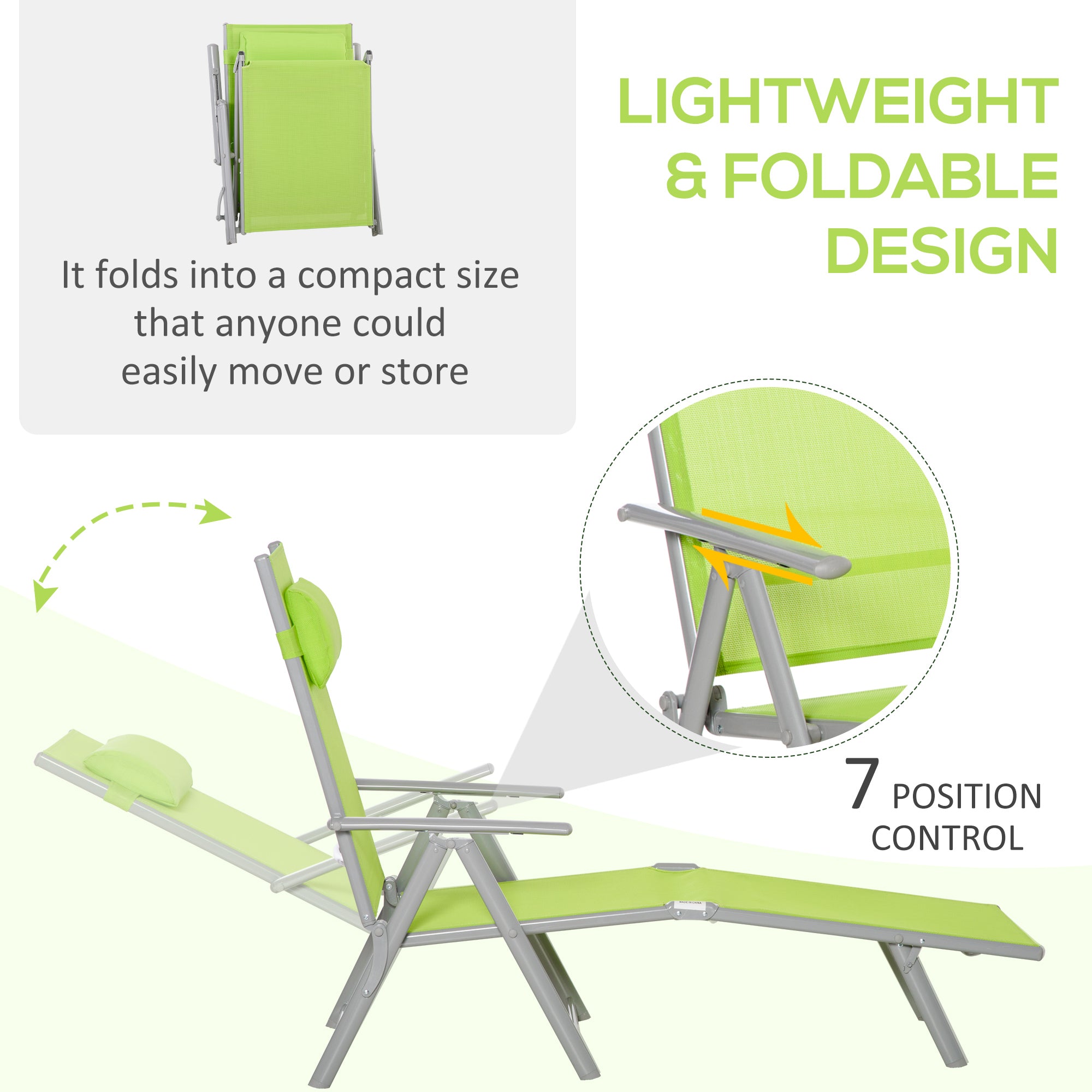 Outsunny Folding Sun Lounger, Outdoor Chaise Lounge Recliner with Pillow and 7 Adjustable Backrest for Lawn, Garden - North Peak Garden Furniture