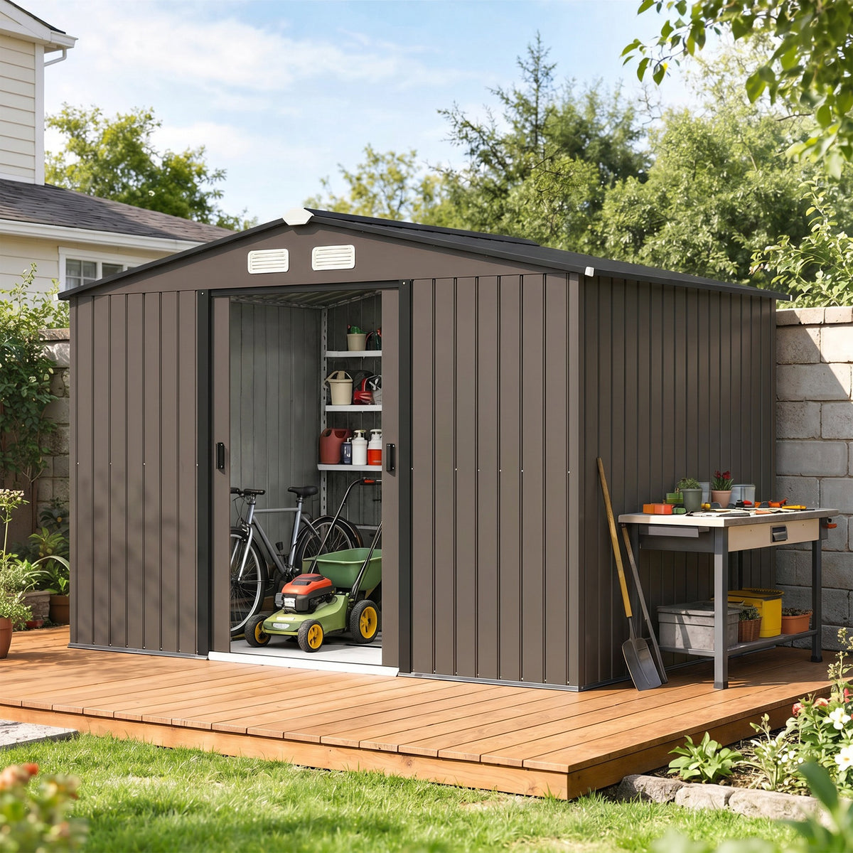 Outsunny 9 x 6ft Metal Garden Shed, Outdoor Storage Tool House with Ventilation Slots, Foundation Kit and Lockable Double Doors, Brown