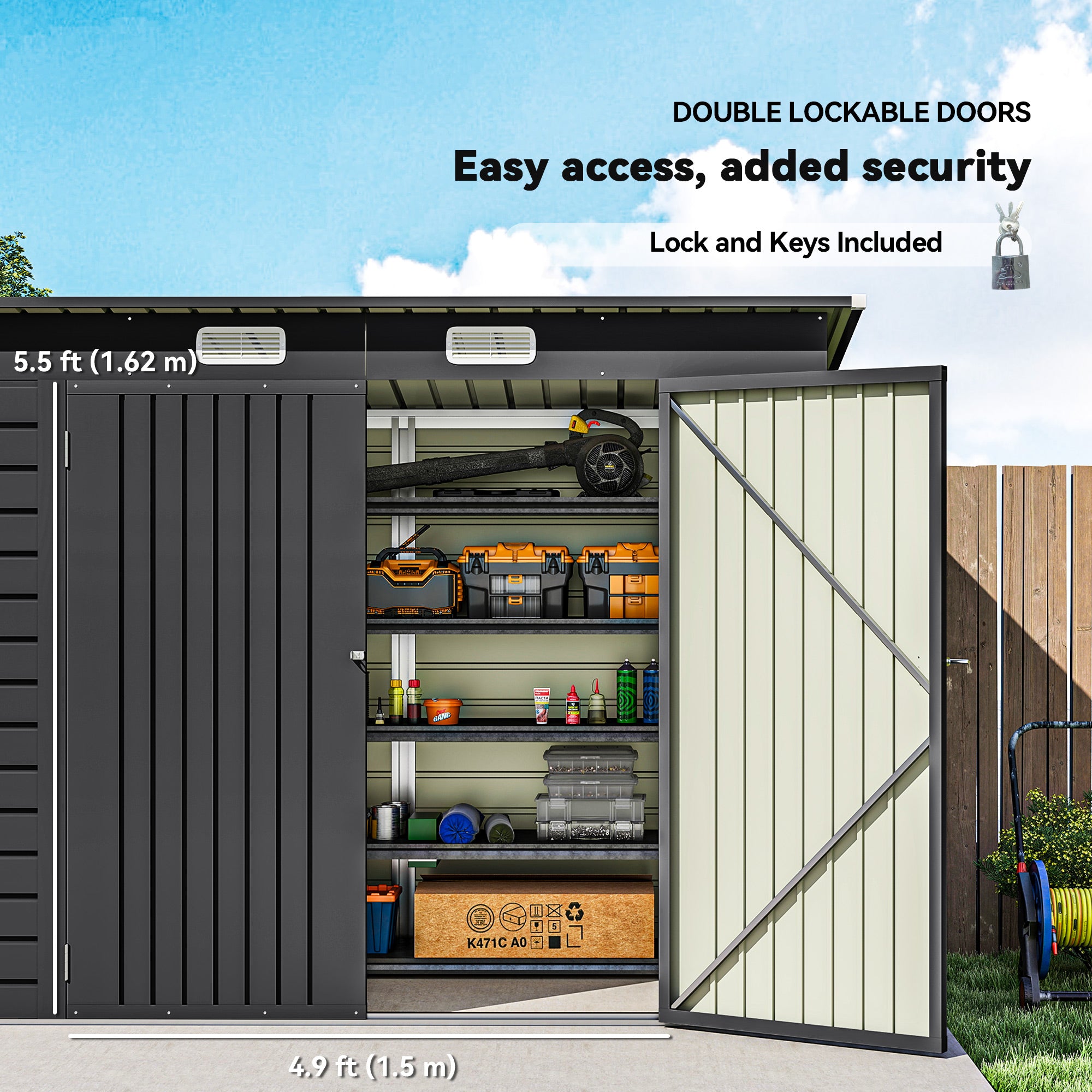 Outsunny 3.7 x 7.9ft Galvanised Steel Shed, with Latched Door and Padlock - Grey