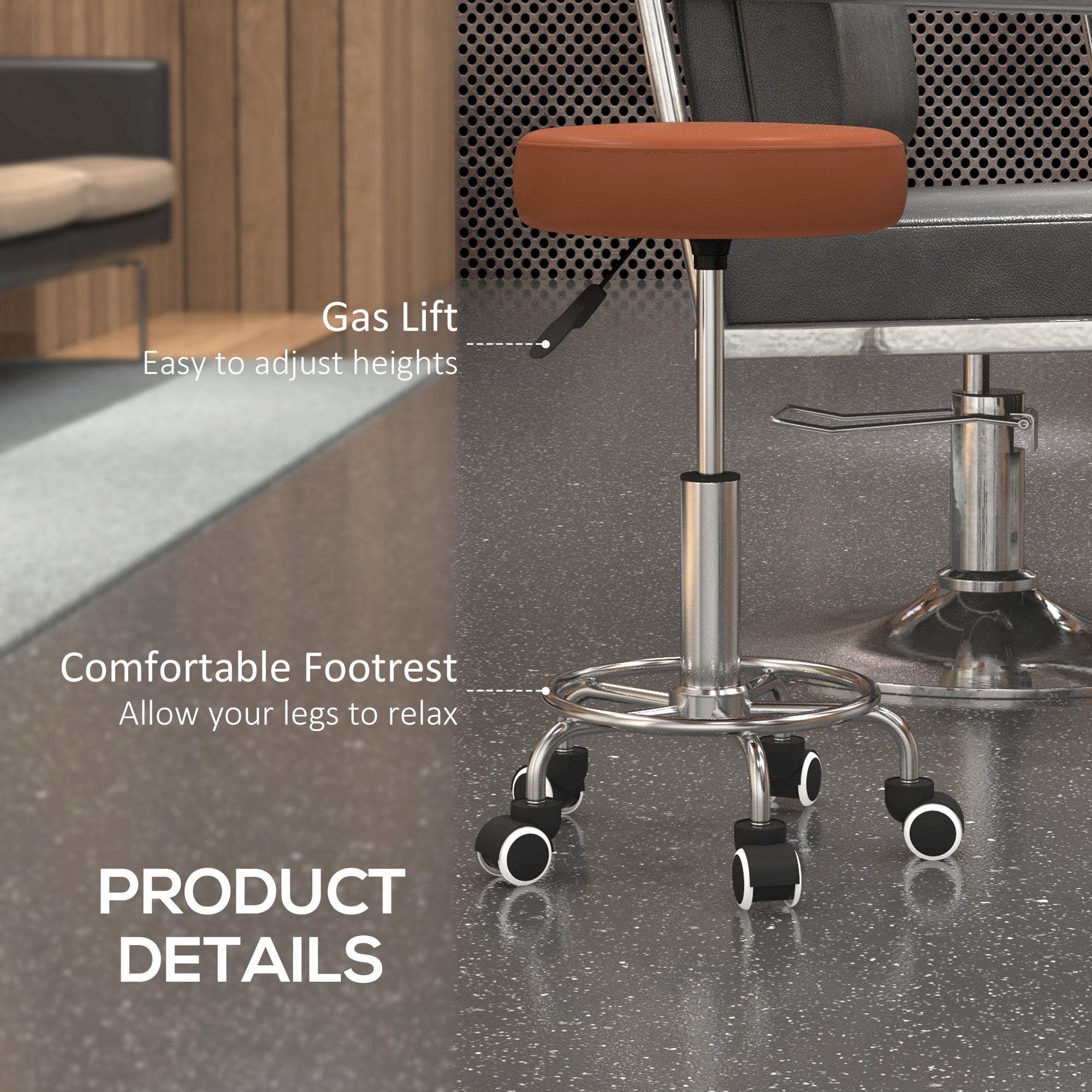 Vinsetto PU Leather Rolling Stool, Height Adjustable Stool Chair with Wheels for Salon, Massage, Spa, Brown - North Peak Garden Furniture