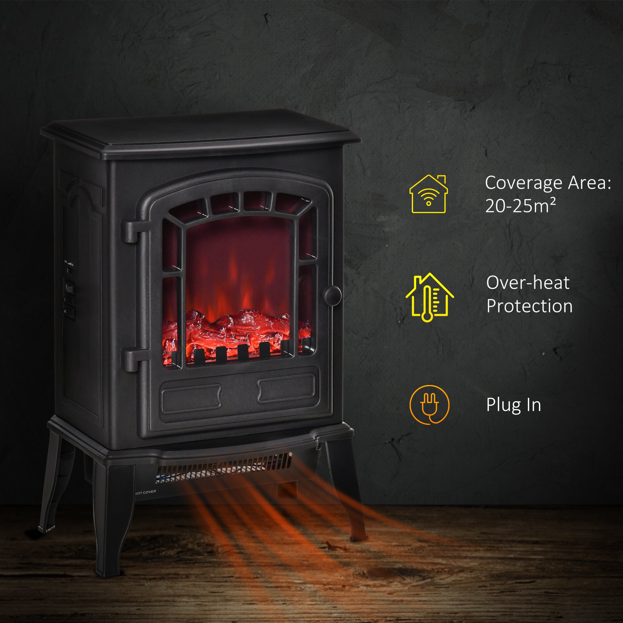 HOMCOM Free standing Electric Fireplace Stove, Fireplace Heater with Realistic Flame Effect, Overheat Safety Protection, 1000W/2000W, Black