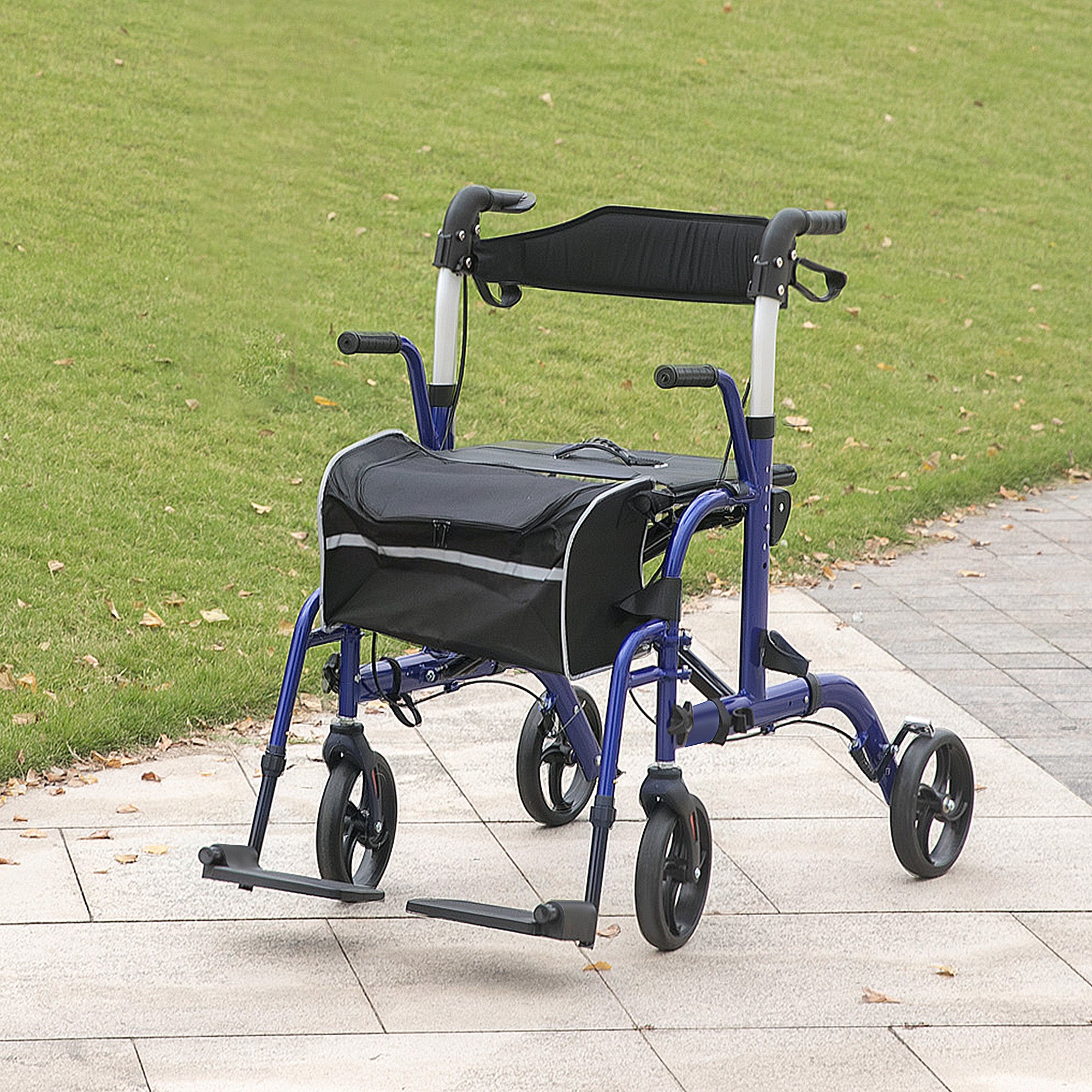 HOMCOM 2 in 1 Wheelchair Transport Chair & Folding Rollator Walker with Seat, Backrest, Footrest, Lightweight Walking Frame with Bag, Adjustable Height, 4 Wheeled Walker for Seniors, Pearl Blue - North Peak Garden Furniture
