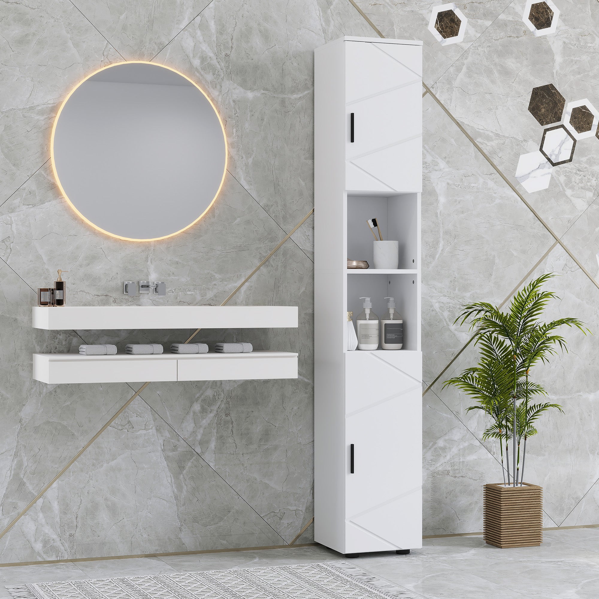 kleankin Line Embossed Tall Bathroom Storage Cabinet - White - North Peak Garden Furniture