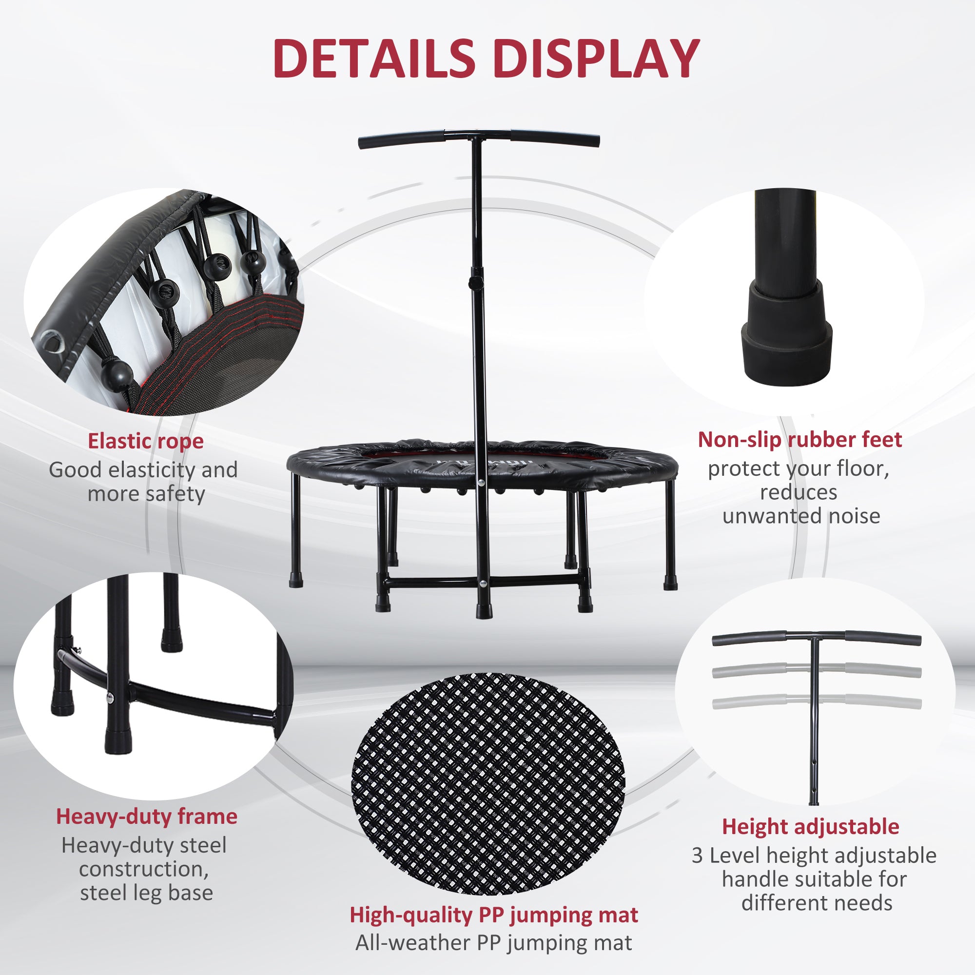 HOMCOM 40'' Fitness Trampoline with Adjustable Handle, Rebounder Trampoline Mini Jumper for Indoor Exercise Workout, Support Up to 100kg, Black - North Peak Garden Furniture