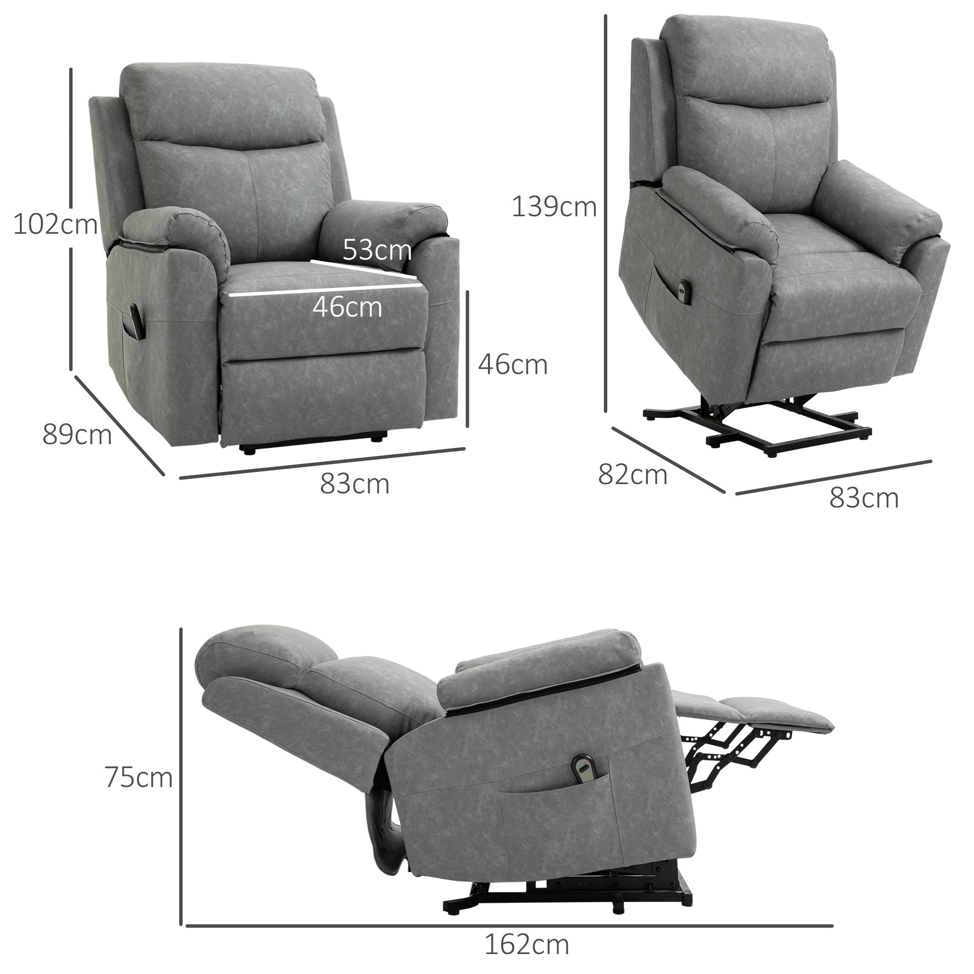 HOMCOM Faux Leather 70° Electric Riser Recliner Chair - Grey