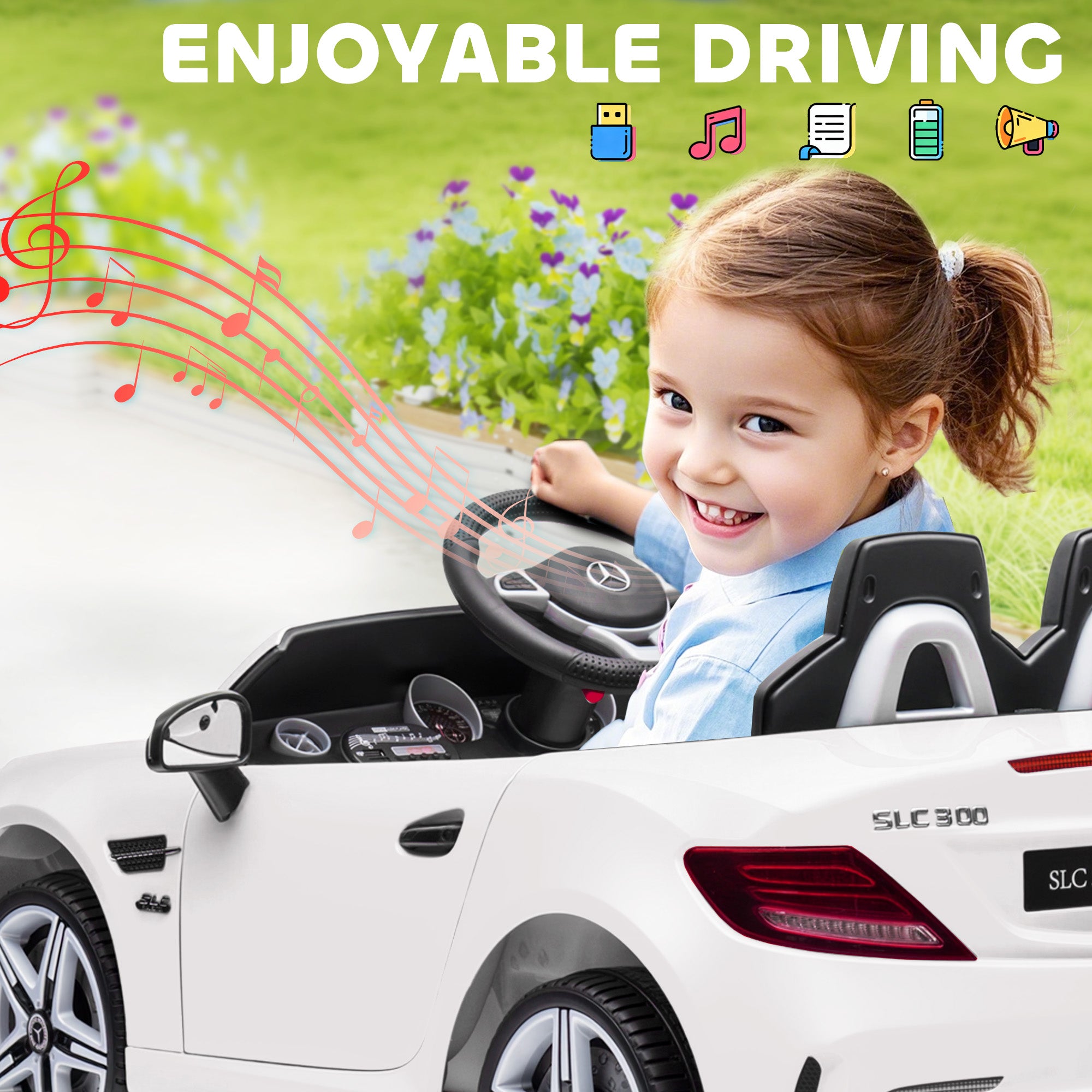 AIYAPLAY Benz SLC 300 Licensed 12V Kids Electric Ride On Car with Parental Remote Two Motors Music Lights Suspension Wheels for 3-6 Years White