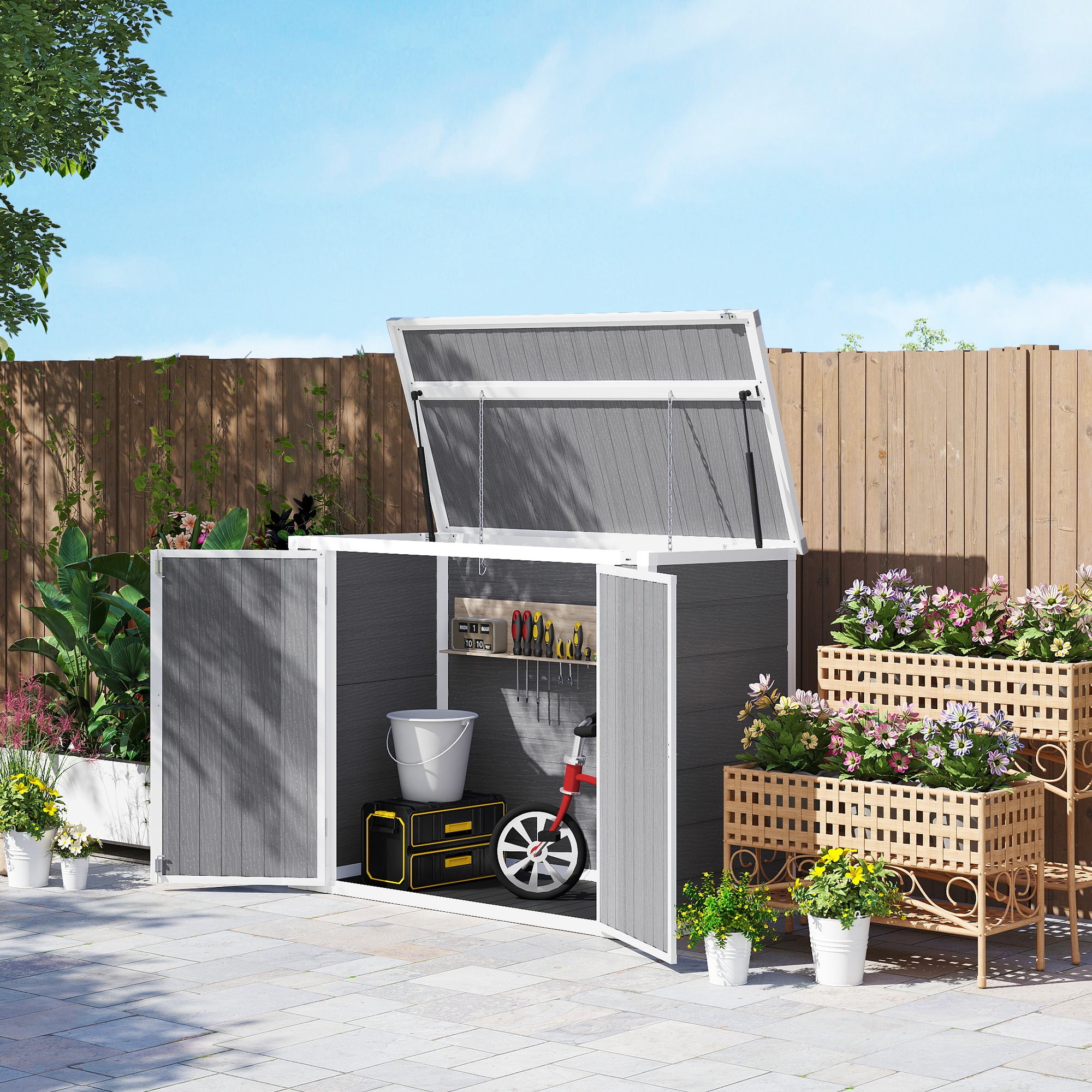 Outsunny 4.7 x 2.5FT Garden Shed, Double Bin Storage Shed with Lockable Doors, Outdoor Small Shed with Openable Lid for 2 Trash Cans, Garden Tools, Grey - North Peak Garden Furniture