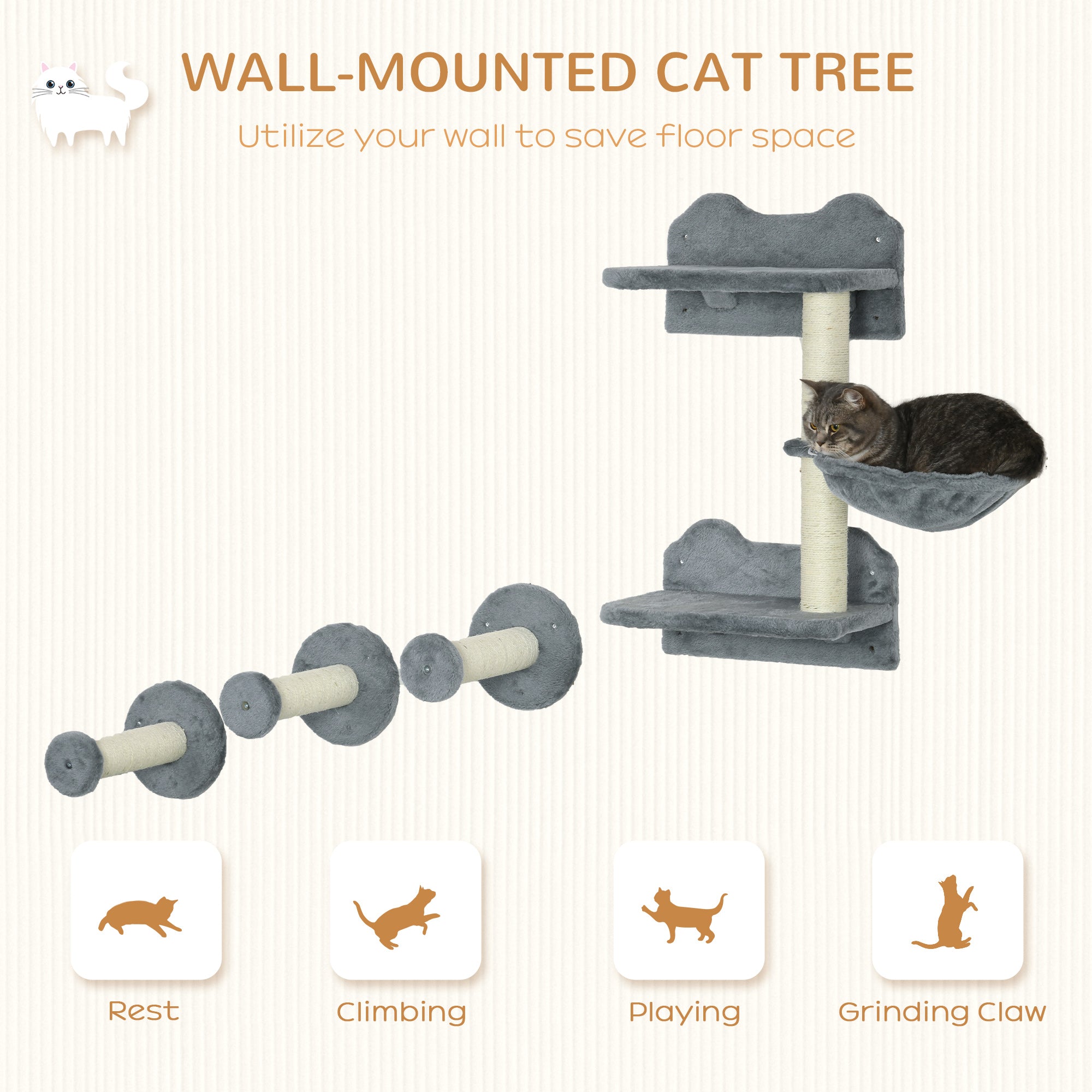 PawHut 4 Piece Cat Shelf with Scratching Post, Wall-Mounted Cat Tree for Indoor Cat - Grey - North Peak Garden Furniture