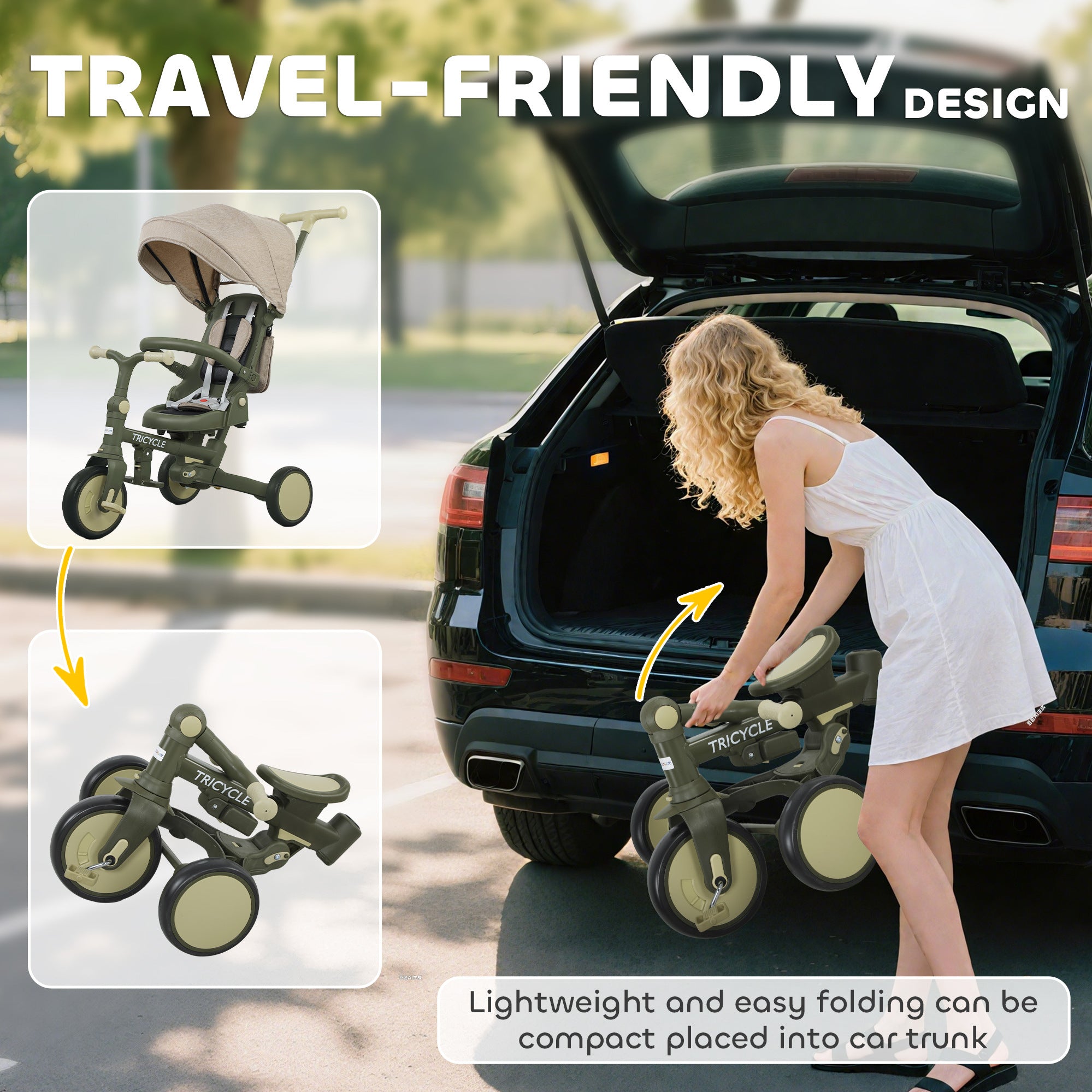 AIYAPLAY 5 in 1 Kids Trike with Adjustable Backrest, Toddler Tricycle with Push Handlebar, Adjustable Backrest, Dark Green
