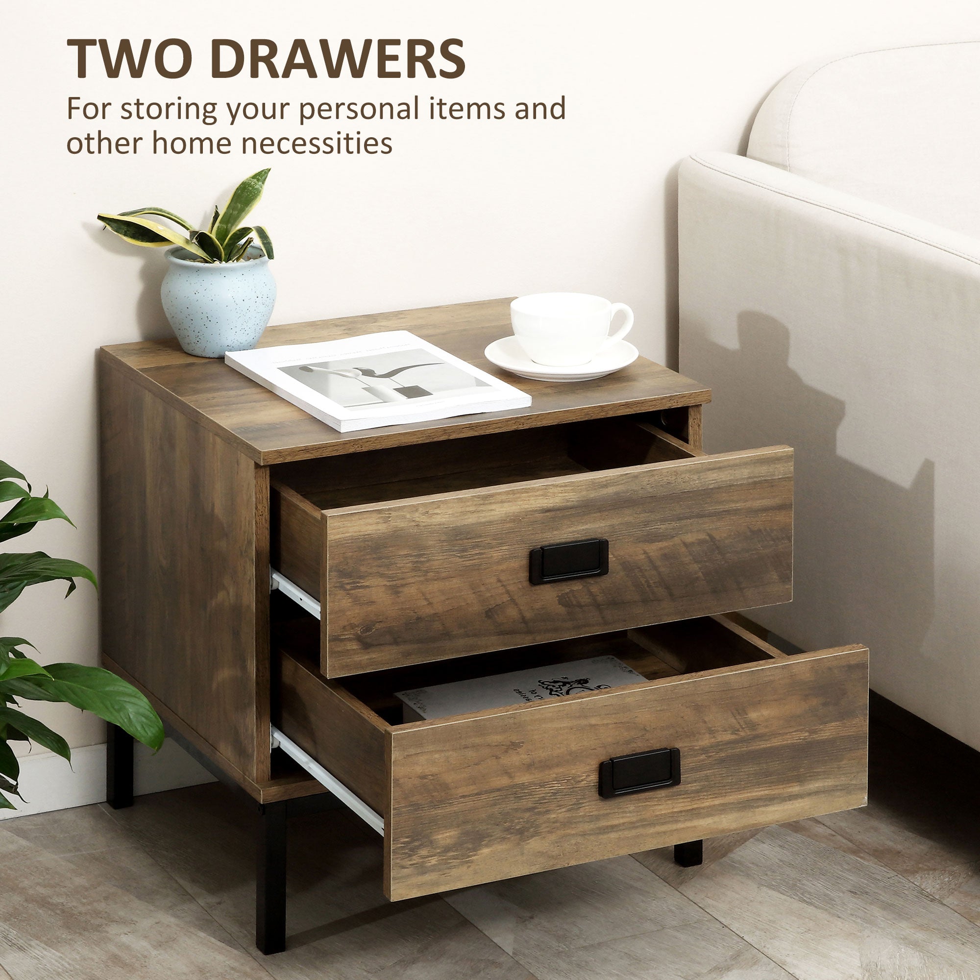 HOMCOM Retro Bedside Table, End Side Table with 2 Drawers, Metal Frame for Bedroom, Living Room, Set of 2, Coffee - North Peak Garden Furniture