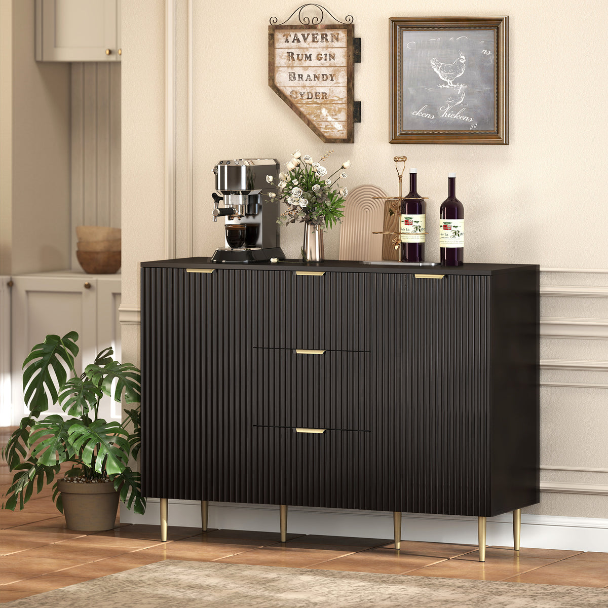 HOMCOM 2-Door Sideboard with 3 Drawers and Adjustable Shelves - Black
