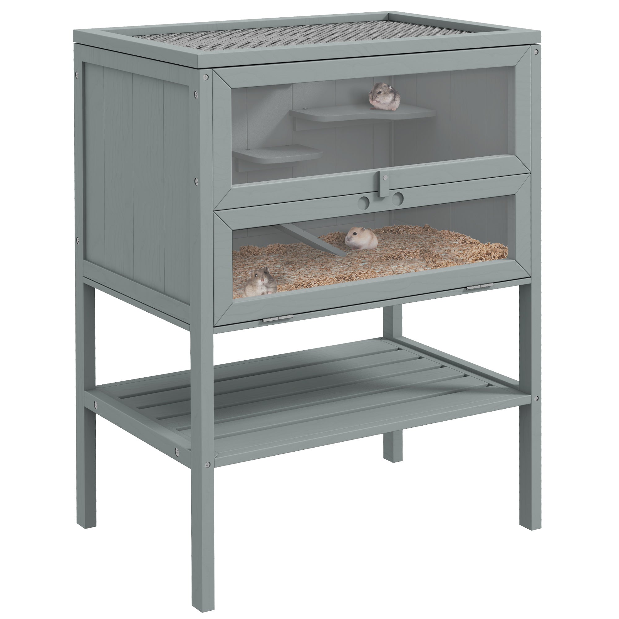 PawHut Wooden Hamster Cage 3 Tier House w/ Storage Shelf, Openable Top for Gerbils, Grey - North Peak Garden Furniture