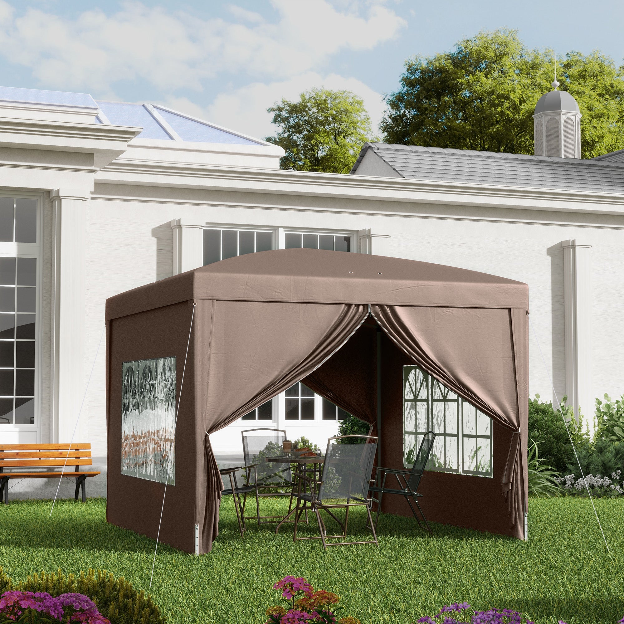 Outsunny 3 x 3 m Pop Up Gazebo, Wedding Party Canopy Tent Marquee with Carry Bag and Windows, Coffee - North Peak Garden Furniture