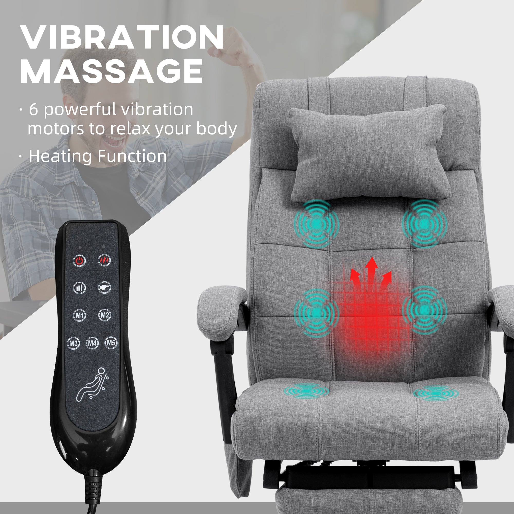Vinsetto Office Chair, 6 Point Massage Desk Chair, Computer Chair with Footrest & Head Pillow, 360° Swivel Recliner Chair for Home Office, Grey - North Peak Garden Furniture