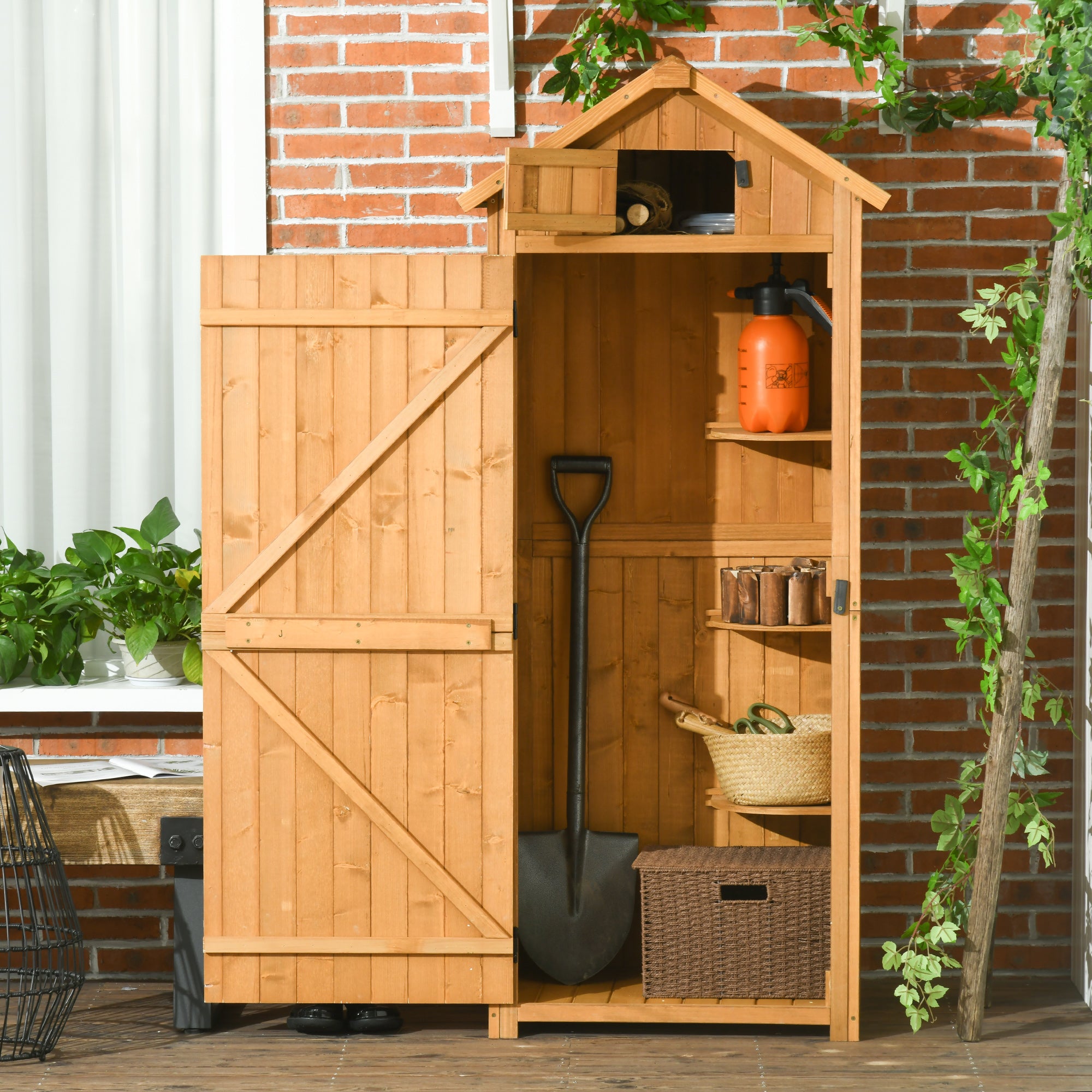 Outsunny Garden Shed Vertical Utility 3 Shelves Shed Wood Outdoor Garden Tool Storage Unit Storage Cabinet, 77 x 54.2 x 179cm - Brown - North Peak Garden Furniture