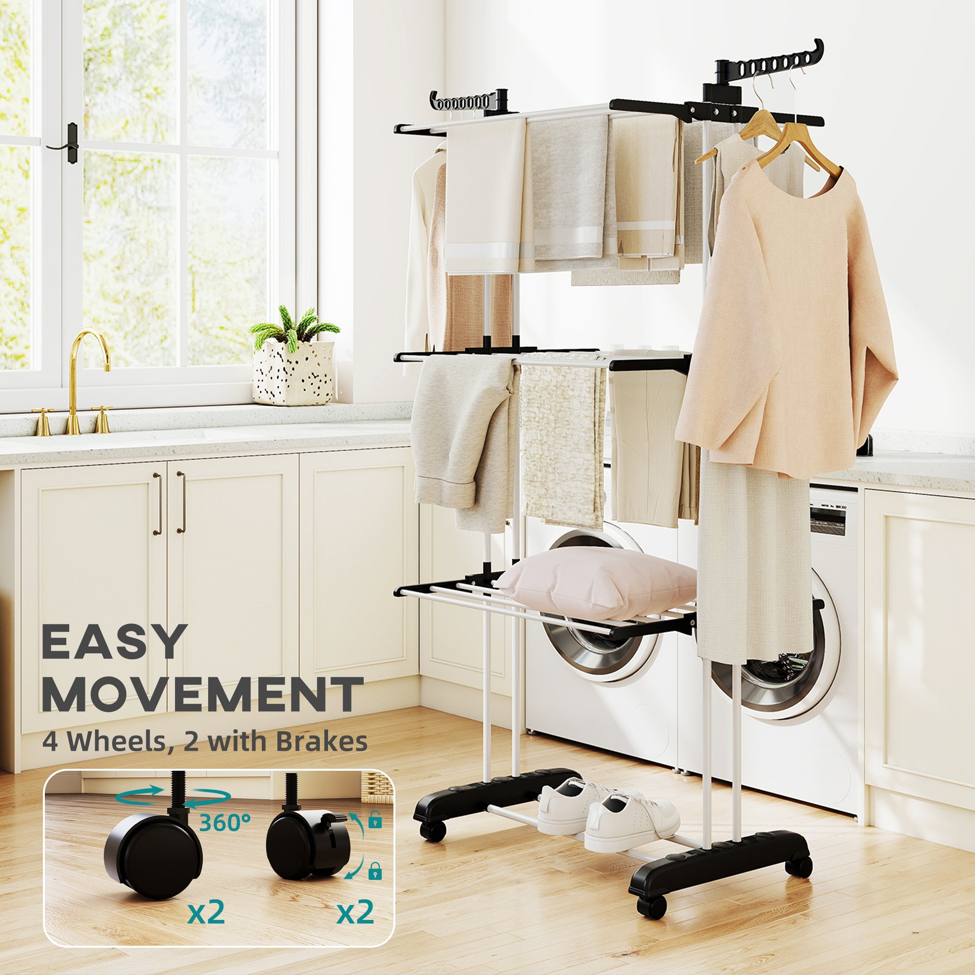 HOMCOM Foldable Clothes Drying Rack, 4-Tier Steel Garment Laundry Rack with Castors for Indoor and Outdoor Use, Black