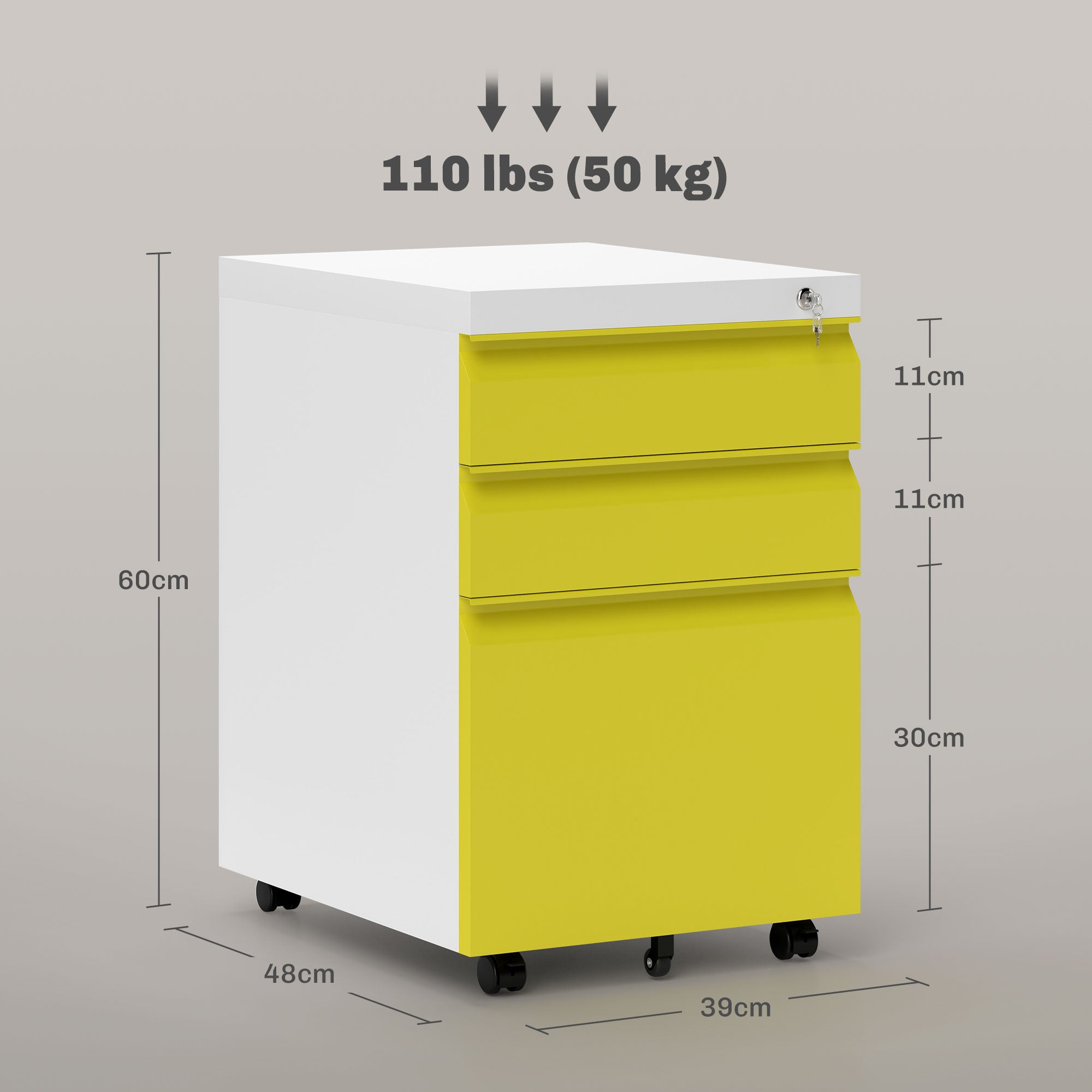 Vinsetto 3 Drawer Filling Cabinet, Mobile Metal File Cabinet with Anti-tilt Design for Letter, A4, Legal Size, Yellow - North Peak Garden Furniture