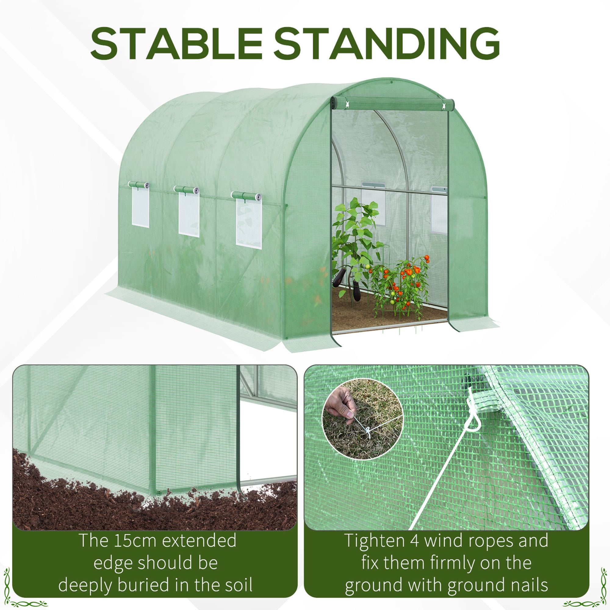 Outsunny Walk-in Polytunnel Greenhouse, Outdoor Garden Tunnel Greenhouse Tent with Zipped Roll-Up Door and 6 Mesh Windows, 3 x 2M - North Peak Garden Furniture