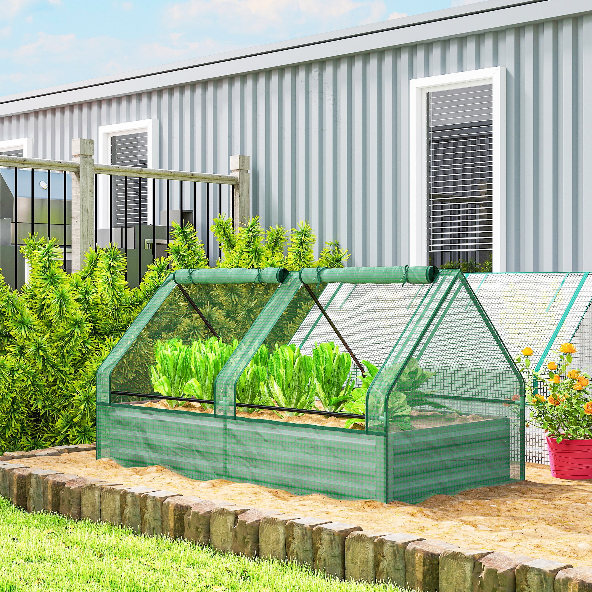 Outsunny Metal Planter Box with Cover, Raised Garden Bed with Greenhouse, for Herbs and Vegetables, Green and Dark Grey