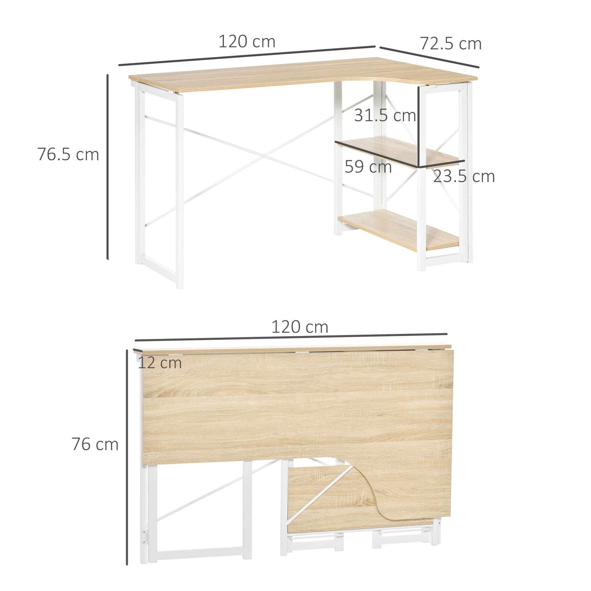 HOMCOM Folding Desk, L Shaped Desk, Corner Computer Desk with 2-Tier Storage Shelf for Home Office, Study Room, Workstation, Easy Assembly, 120 x 72.5 x 76.5cm, Oak Tone - North Peak Garden Furniture