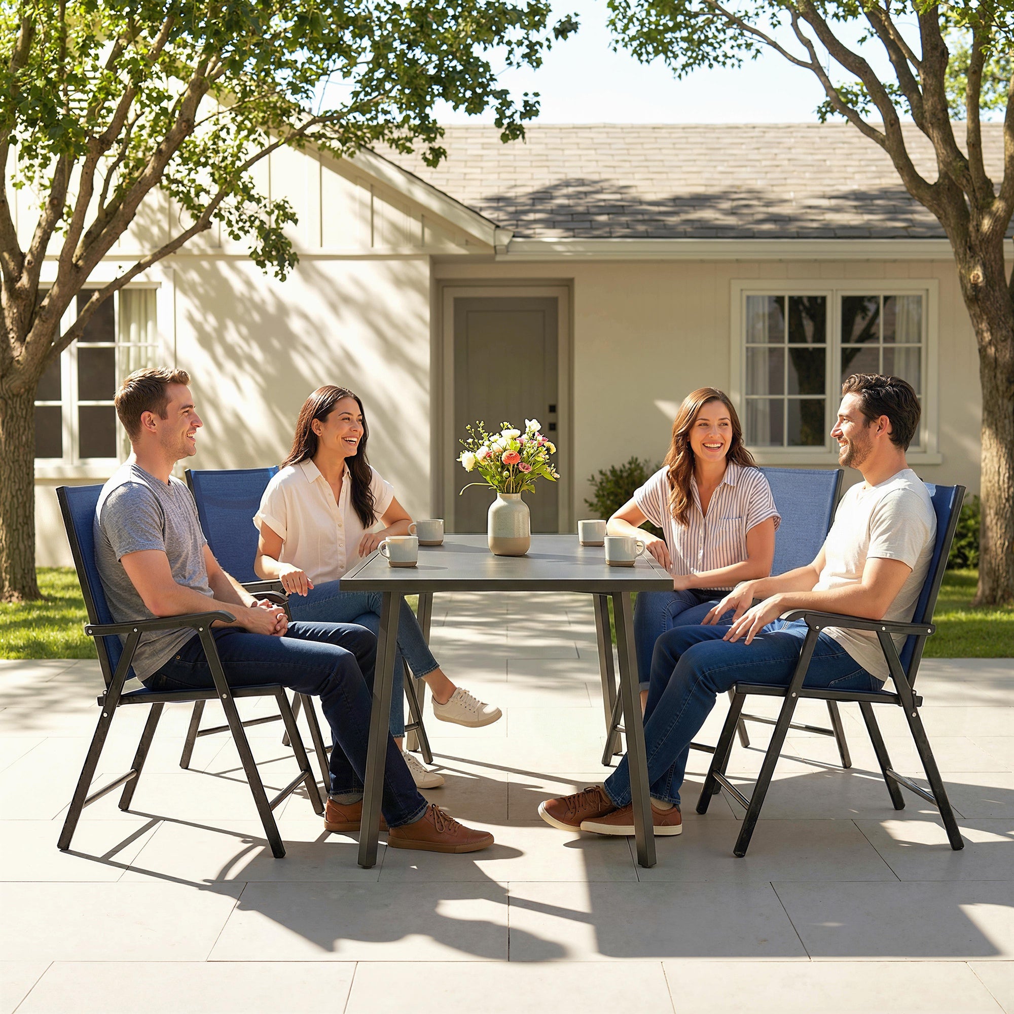 Outsunny Folding Garden Chairs Set of 4, Foldable Garden Dining Chairs with High Back, Armrests, Texteline Seat, Navy Blue