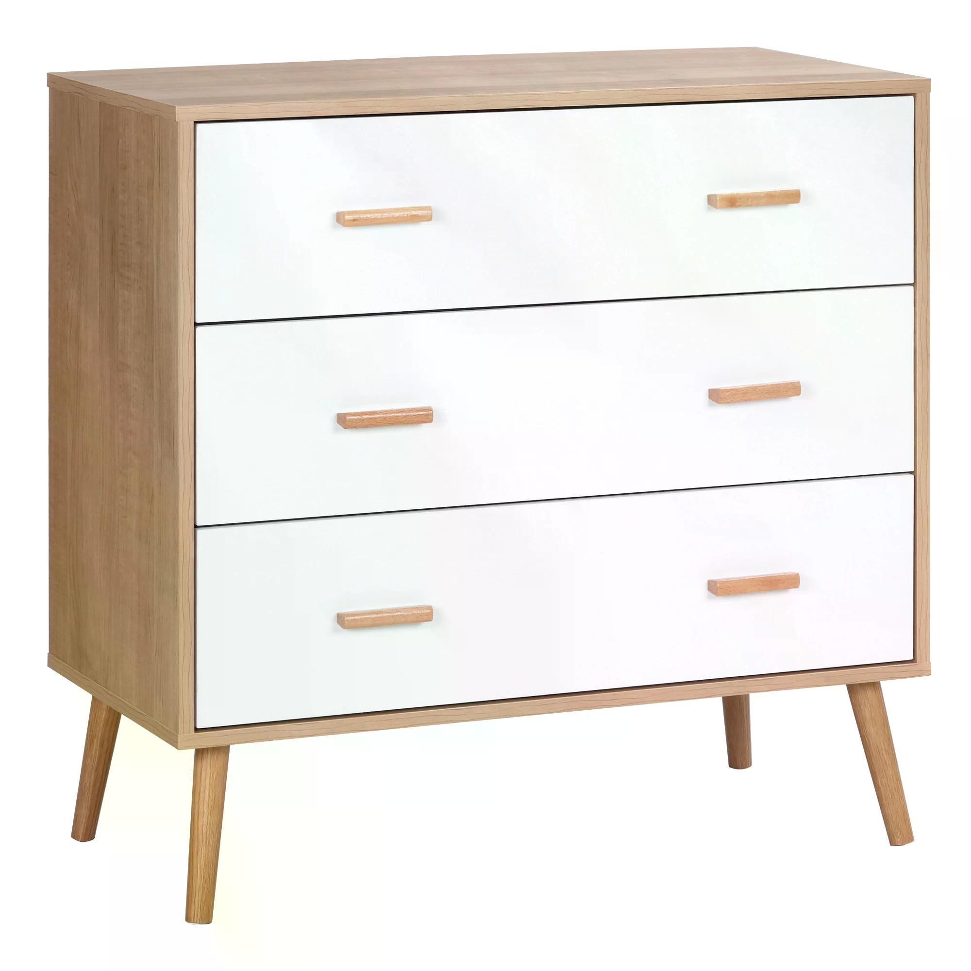 HOMCOM Modern Chest of Drawers, 3-Drawer Bedroom Storage Cabinet, White and Natural Wood Finish | Aosom UK