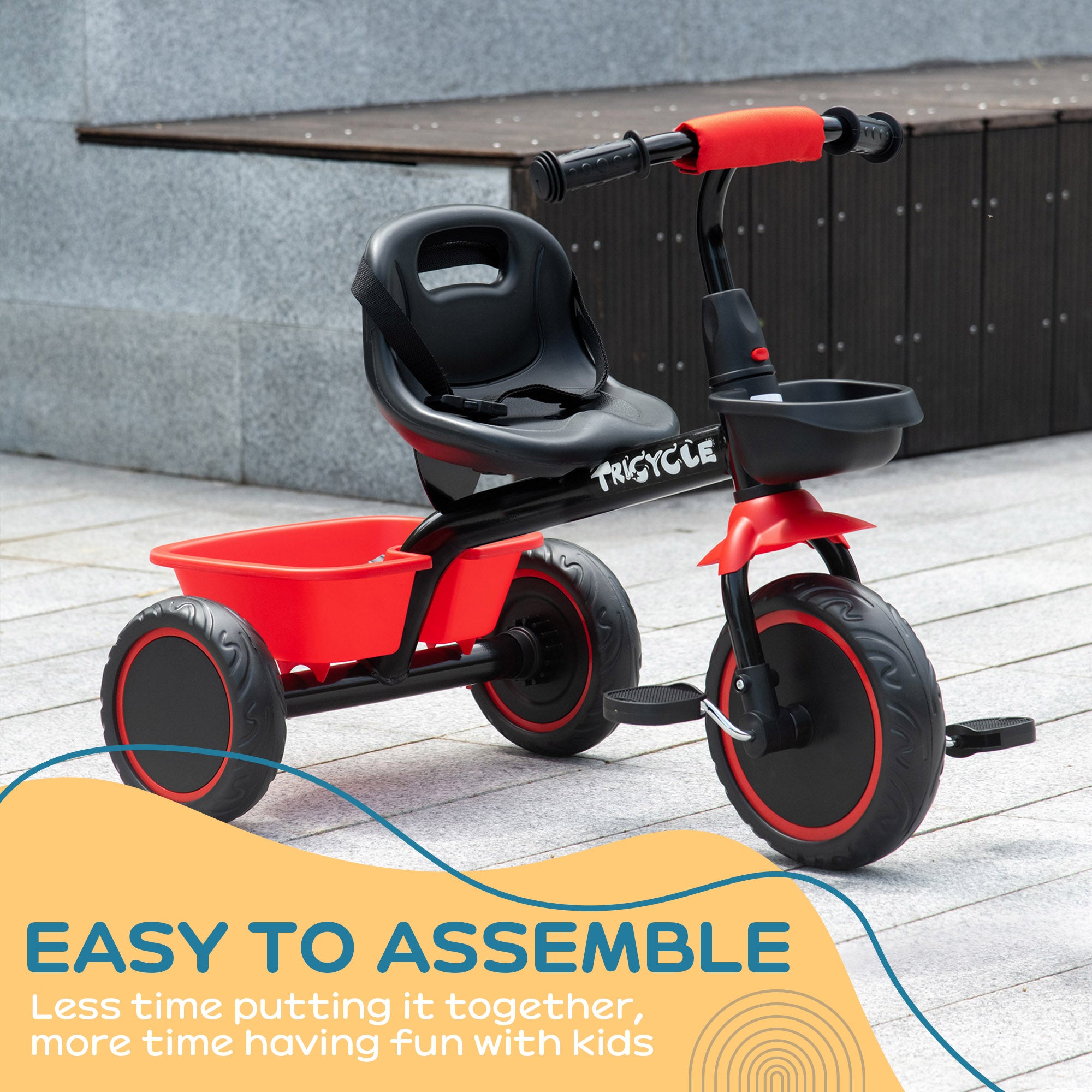 AIYAPLAY Kids Trike for 2-5 Years with Adjustable Seat, Pedal, Baskets, Red - North Peak Garden Furniture