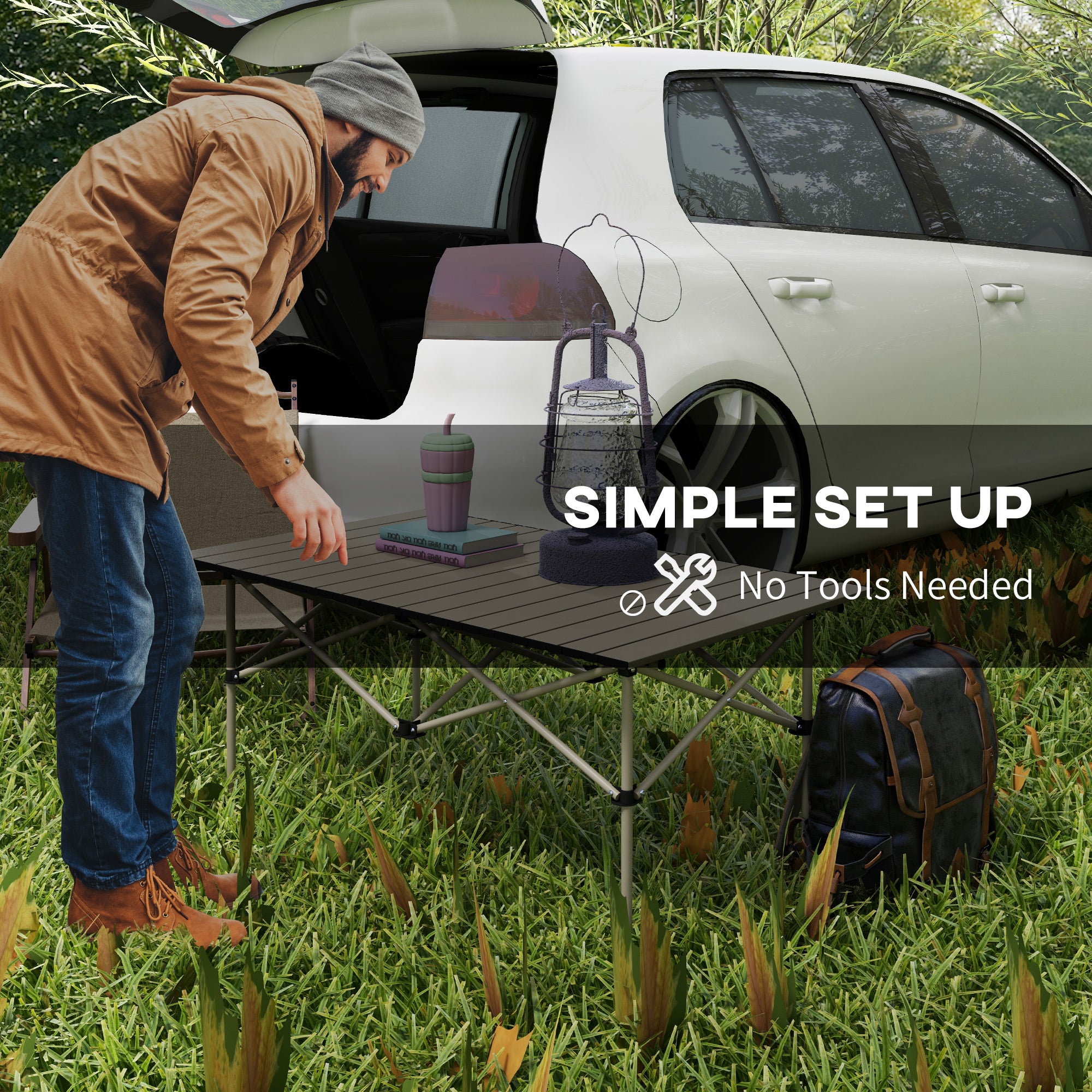 Outsunny Two-Seater Portable Aluminium Table, with Roll-Up Tabletop and Bag - Khaki - North Peak Garden Furniture