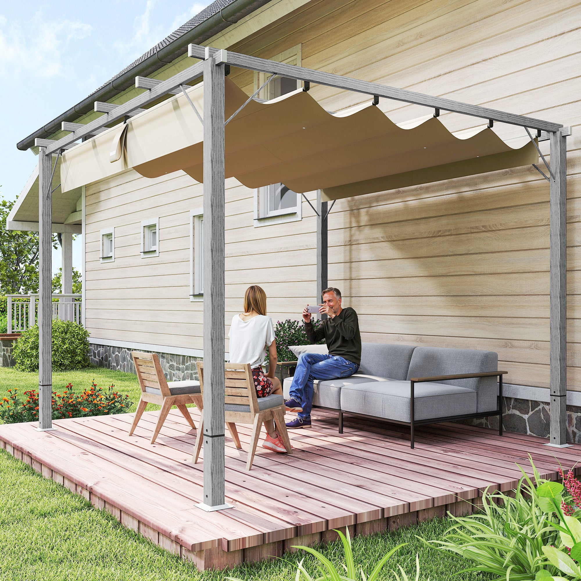 Outsunny 3 x 3 m Retractable Roof Pergola - Grey - North Peak Garden Furniture