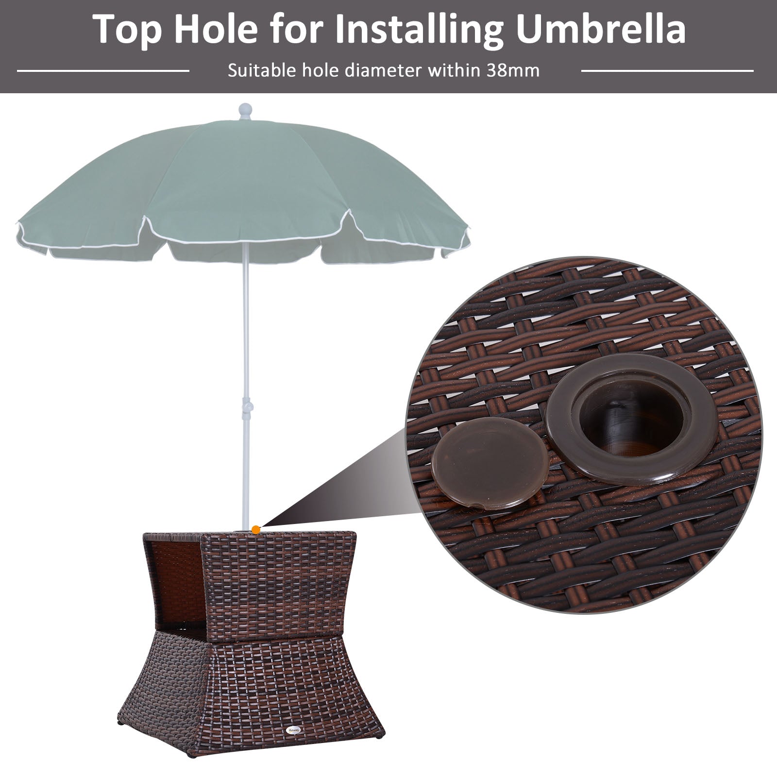 Outsunny Outdoor Patio Rattan Wicker Coffee Table Bistro Side Table w/ Umbrella Hole and Storage Space, Brown - North Peak Garden Furniture