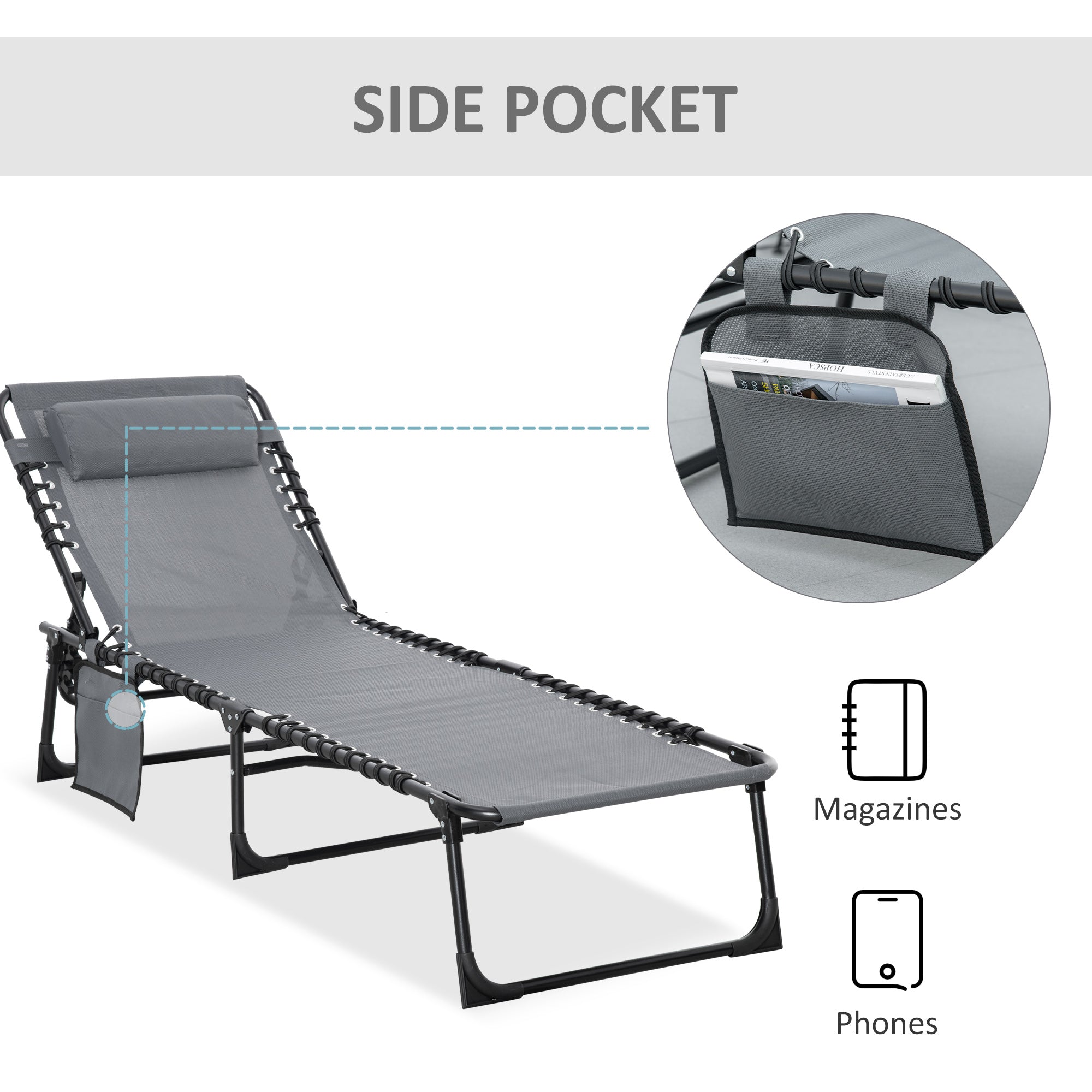 Outsunny Portable Sun Lounger, Folding Camping Bed Cot, Reclining Lounge Chair 5-position Adjustable Backrest with Side Pocket, Pillow for Patio Garden Beach Pool, Grey - North Peak Garden Furniture