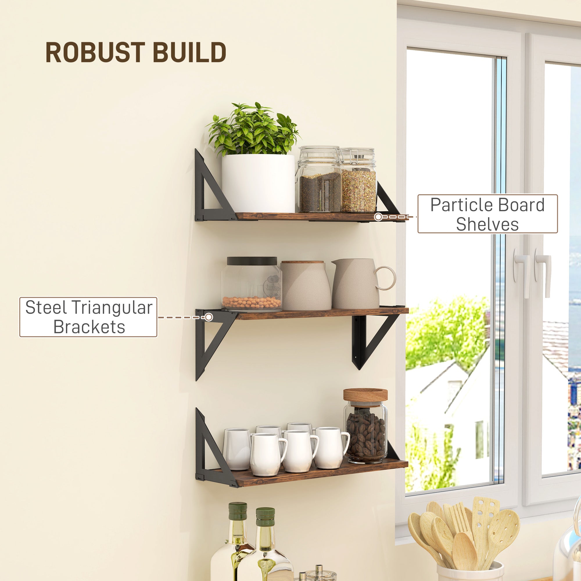 HOMCOM Set of 3 Wall Mounted Floating Shelves, Vintage Wall Shelves for Living Room, Entryway, Bedroom, Rustic Brown - North Peak Garden Furniture