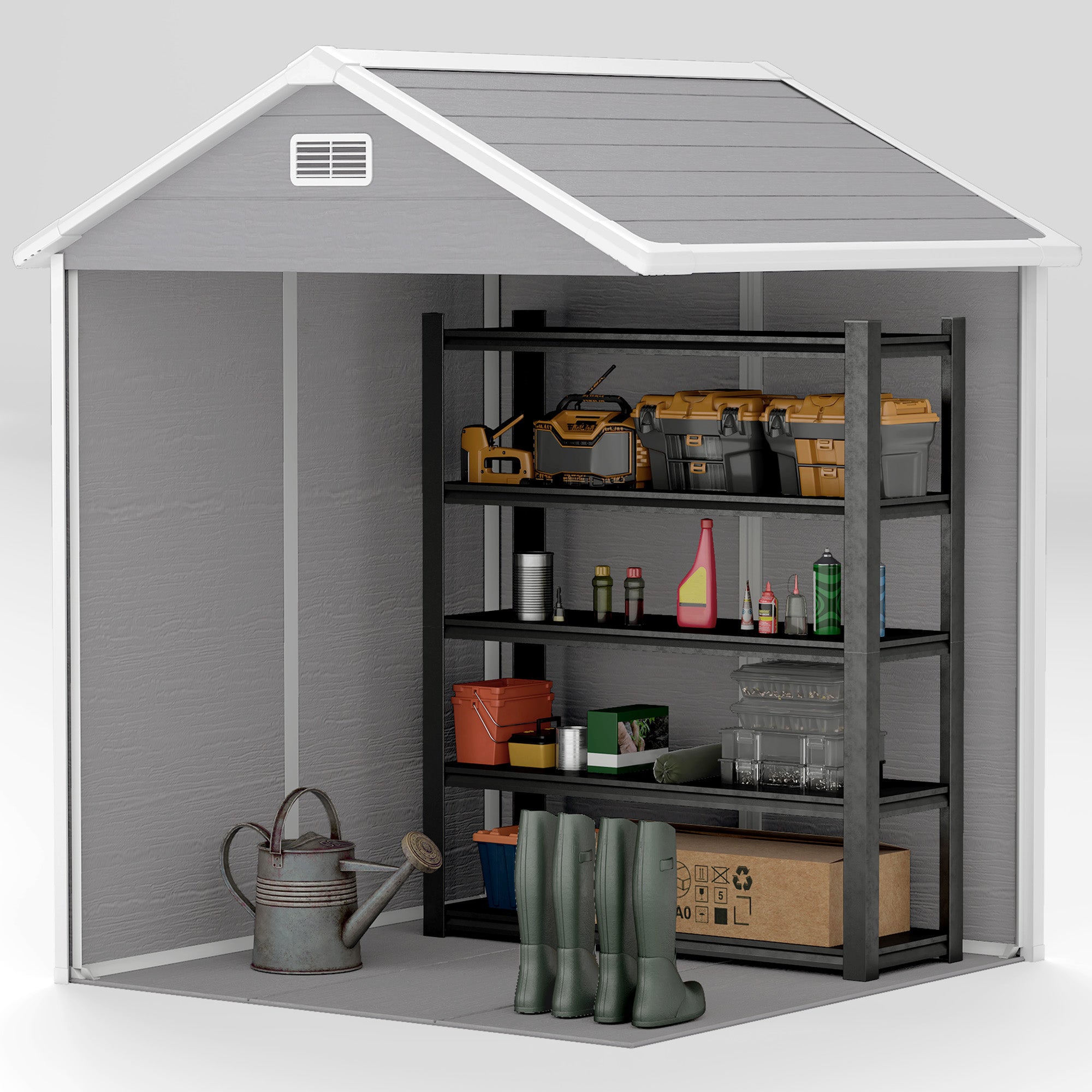 Outsunny 6 x 5ft Garden Shed, Plastic Shed with Floor, Window, Lockable Doors and Vents, Wood Effect Resin Tool Shed for Outdoor Patio, Dark Grey - North Peak Garden Furniture