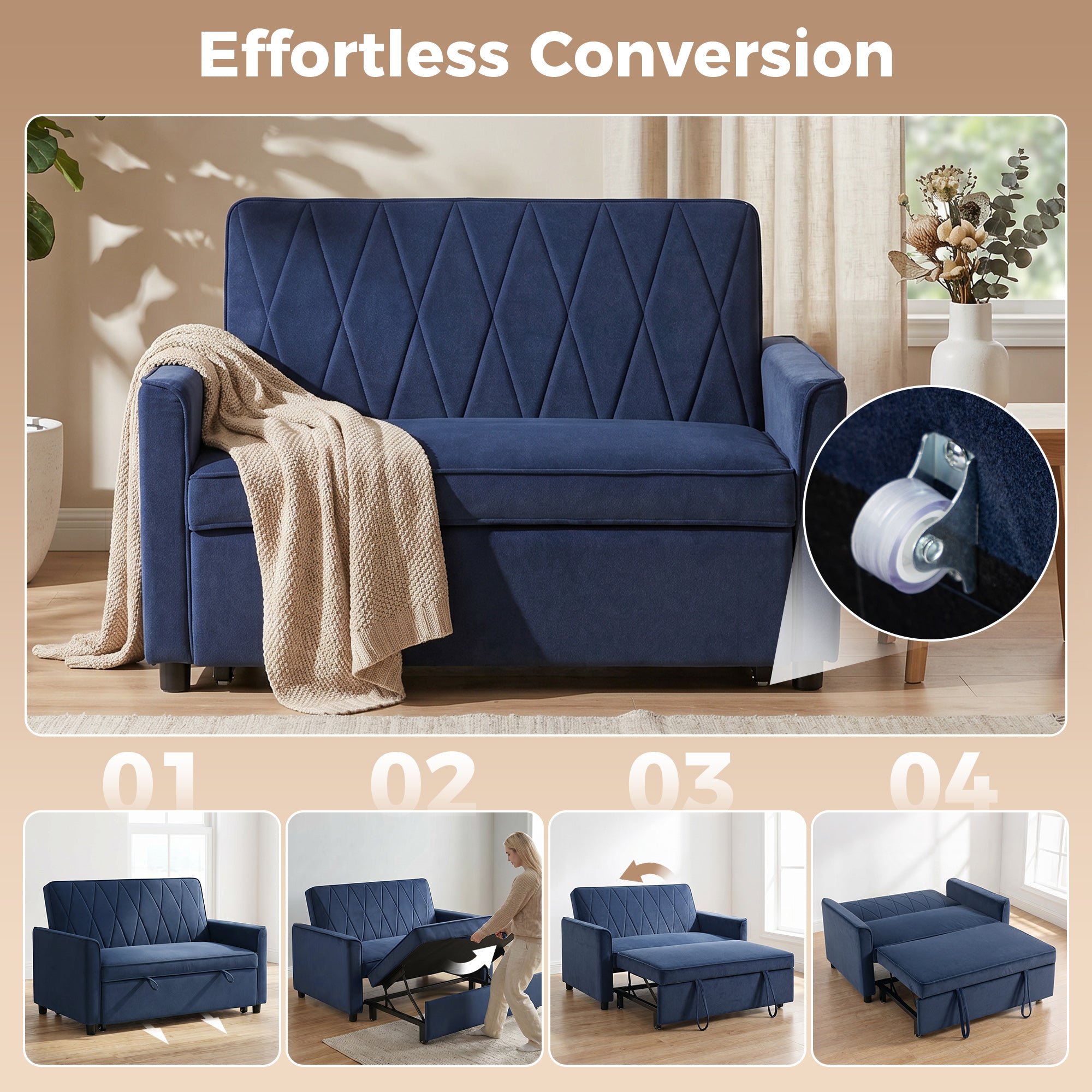 HOMCOM 2 Seater Sofa Bed, 3-in-1 Convertible Pull Out Sleeper Sofa with Click-Clack Adjustable Backrest, Dark Blue